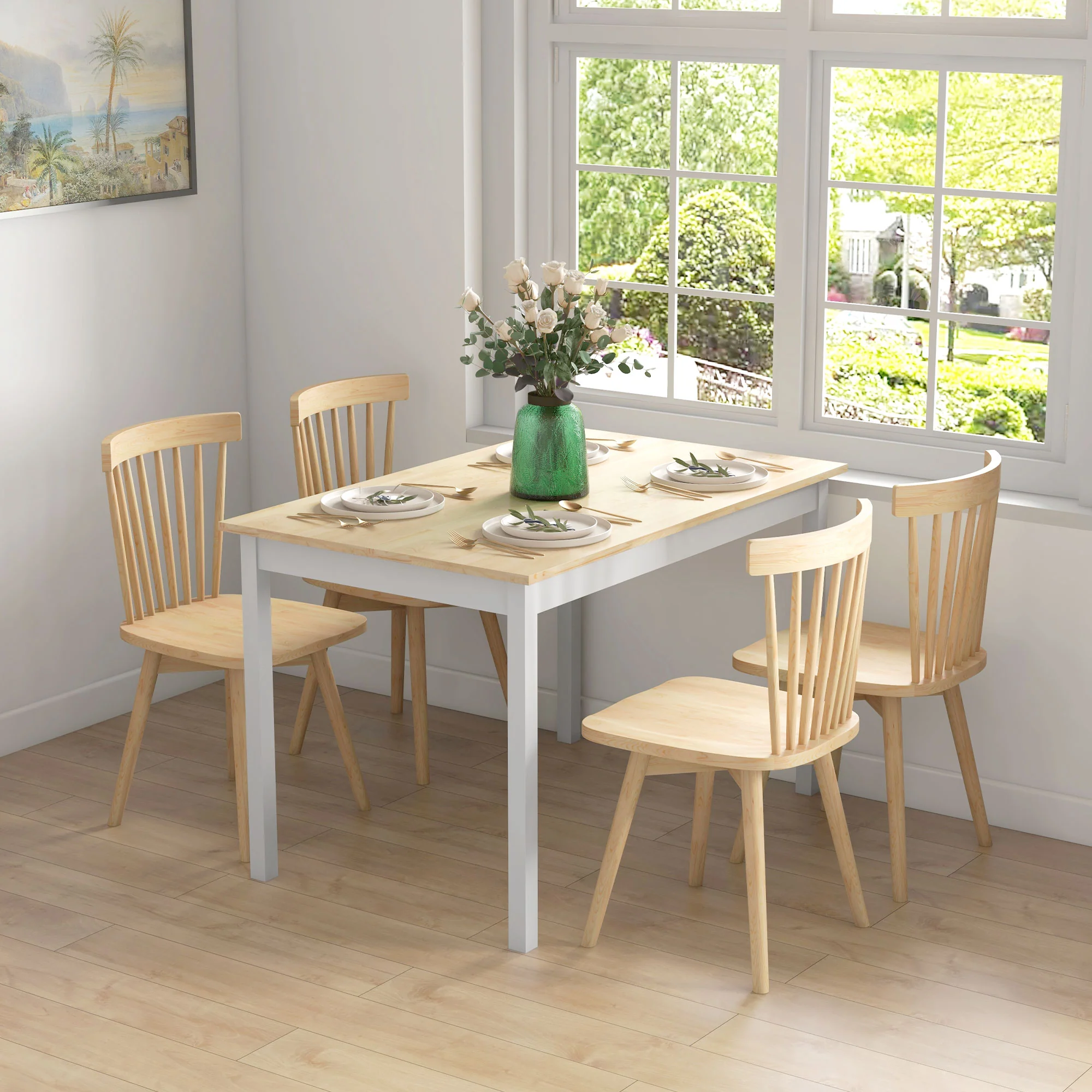 Table à manger, table de cuisine, structure en bois massif, 4 personnes, table de salle à manger, design vintage, 120 cm, naturel et blanc - Image 3