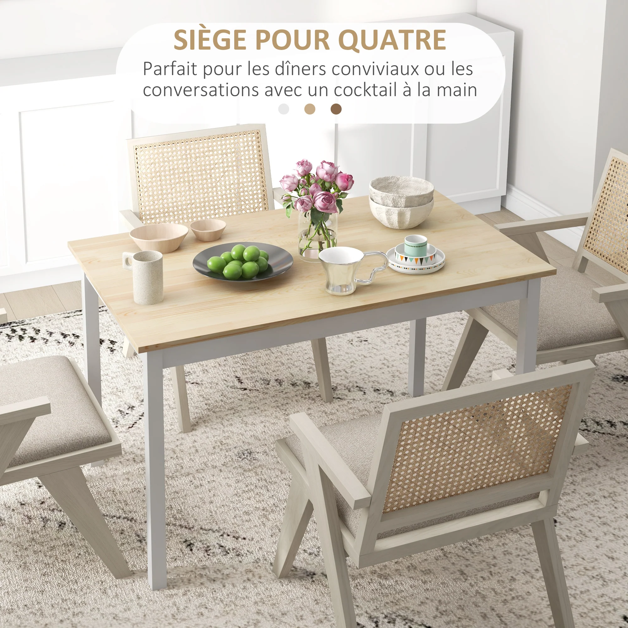 Table à manger, table de cuisine, structure en bois massif, 4 personnes, table de salle à manger, design vintage, 120 cm, naturel et blanc - Image 5