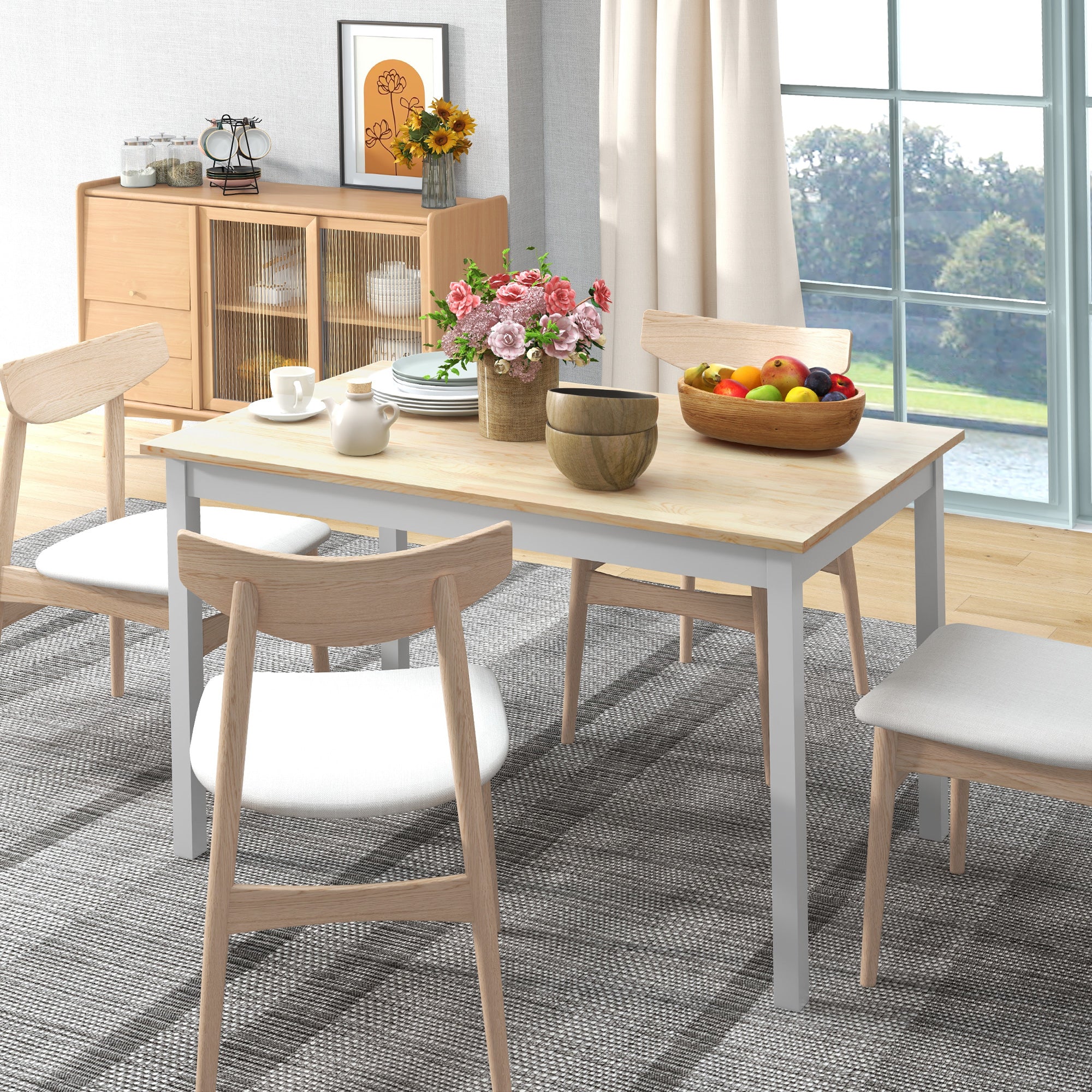Table à manger, table de cuisine, structure en bois massif, 4 personnes, table de salle à manger, design vintage, 120 cm, naturel et blanc - Image 7