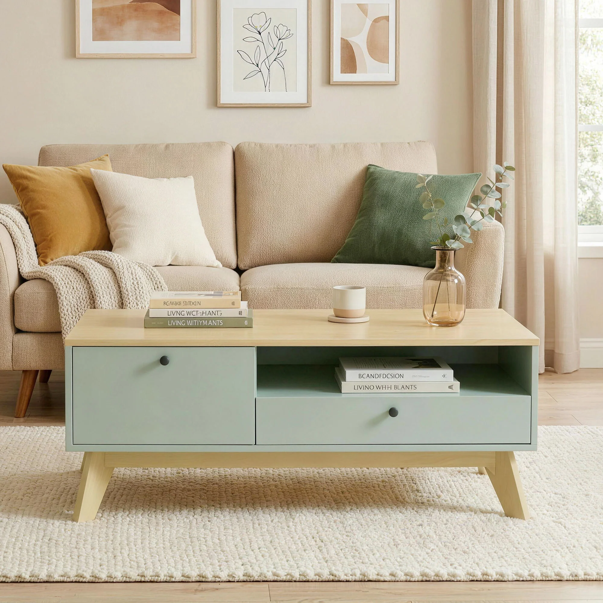 Table basse de salon, table d'appoint rectangulaire avec tiroir, porte et compartiment ouvert, style moderne, pour chambre, séjour et bureau, 100 x 50 x 40 cm, vert clair et chêne - Image 10