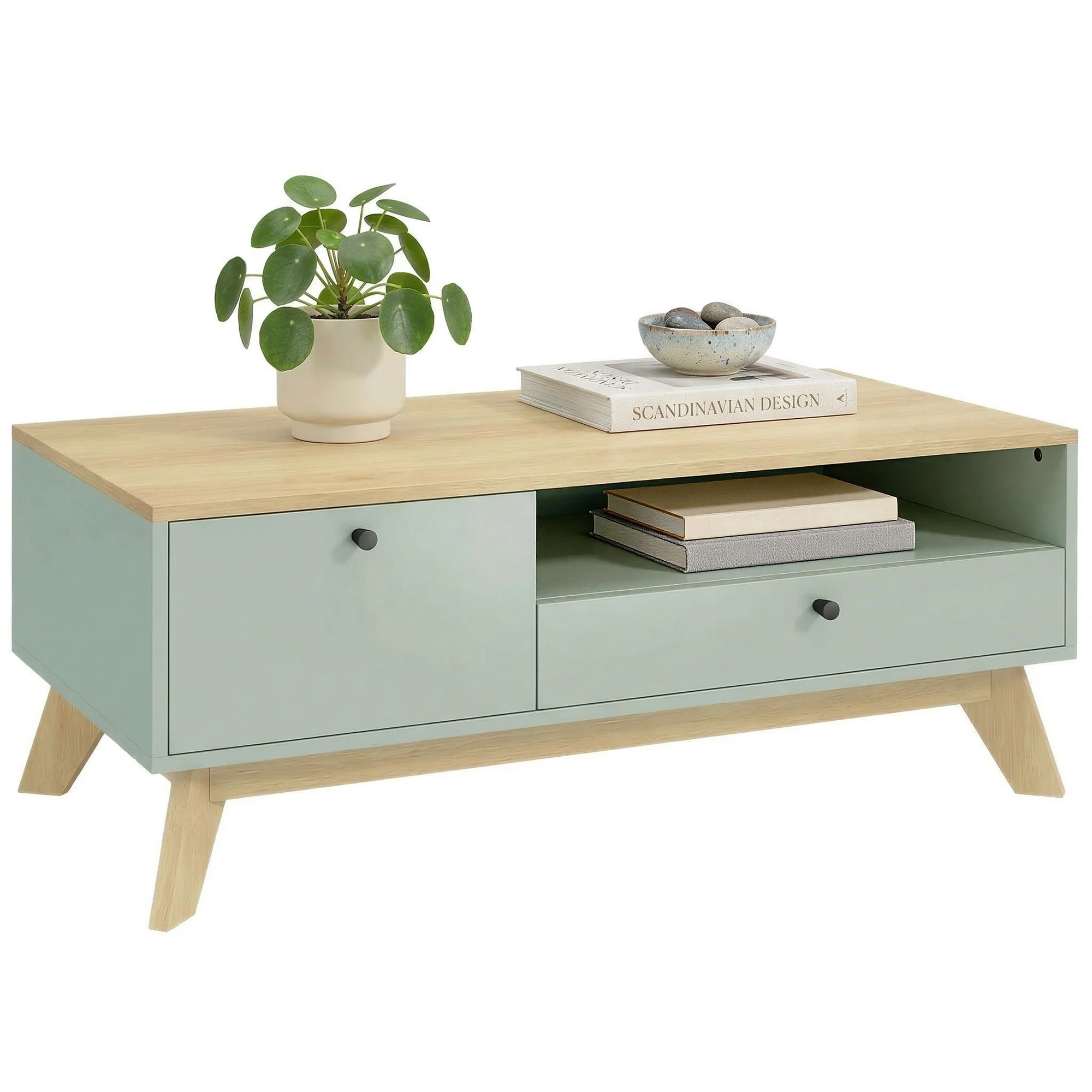 Table basse de salon, table d'appoint rectangulaire avec tiroir, porte et compartiment ouvert, style moderne, pour chambre, séjour et bureau, 100 x 50 x 40 cm, vert clair et chêne - Image 12