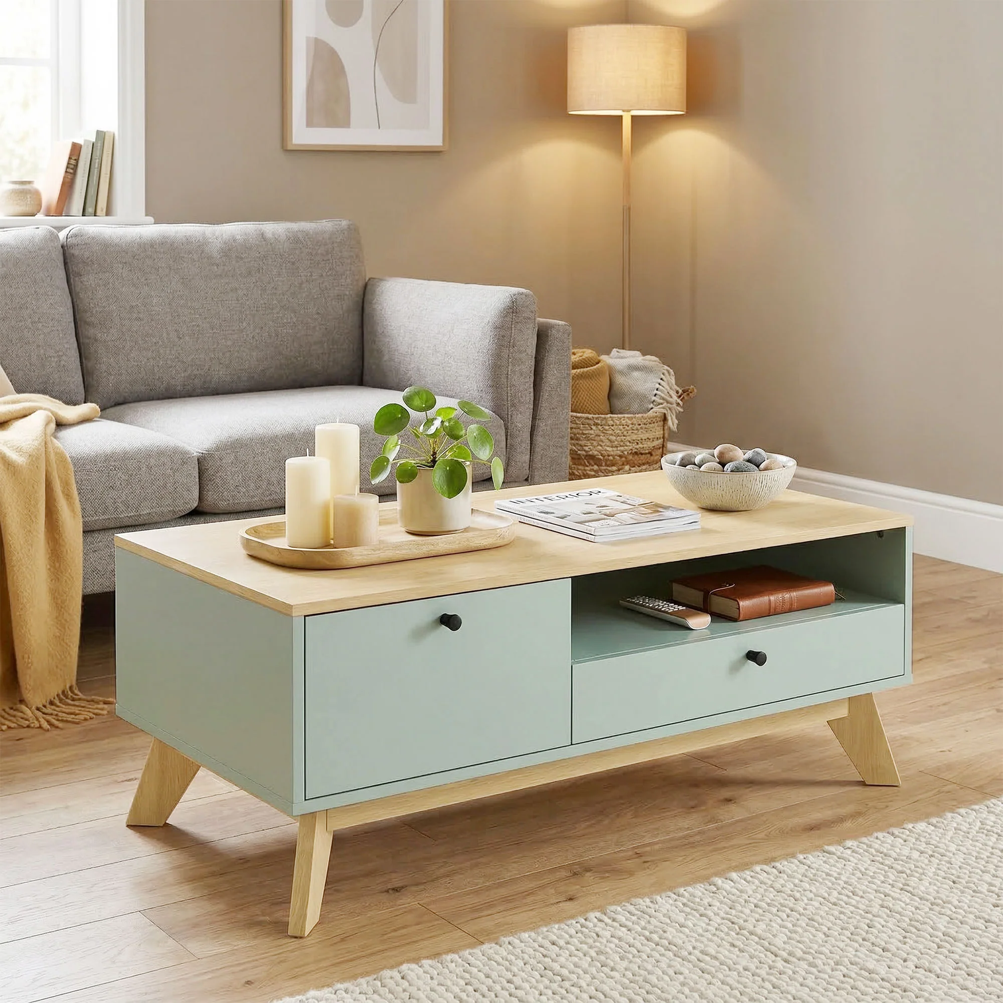 Table basse de salon, table d'appoint rectangulaire avec tiroir, porte et compartiment ouvert, style moderne, pour chambre, séjour et bureau, 100 x 50 x 40 cm, vert clair et chêne - Image 3