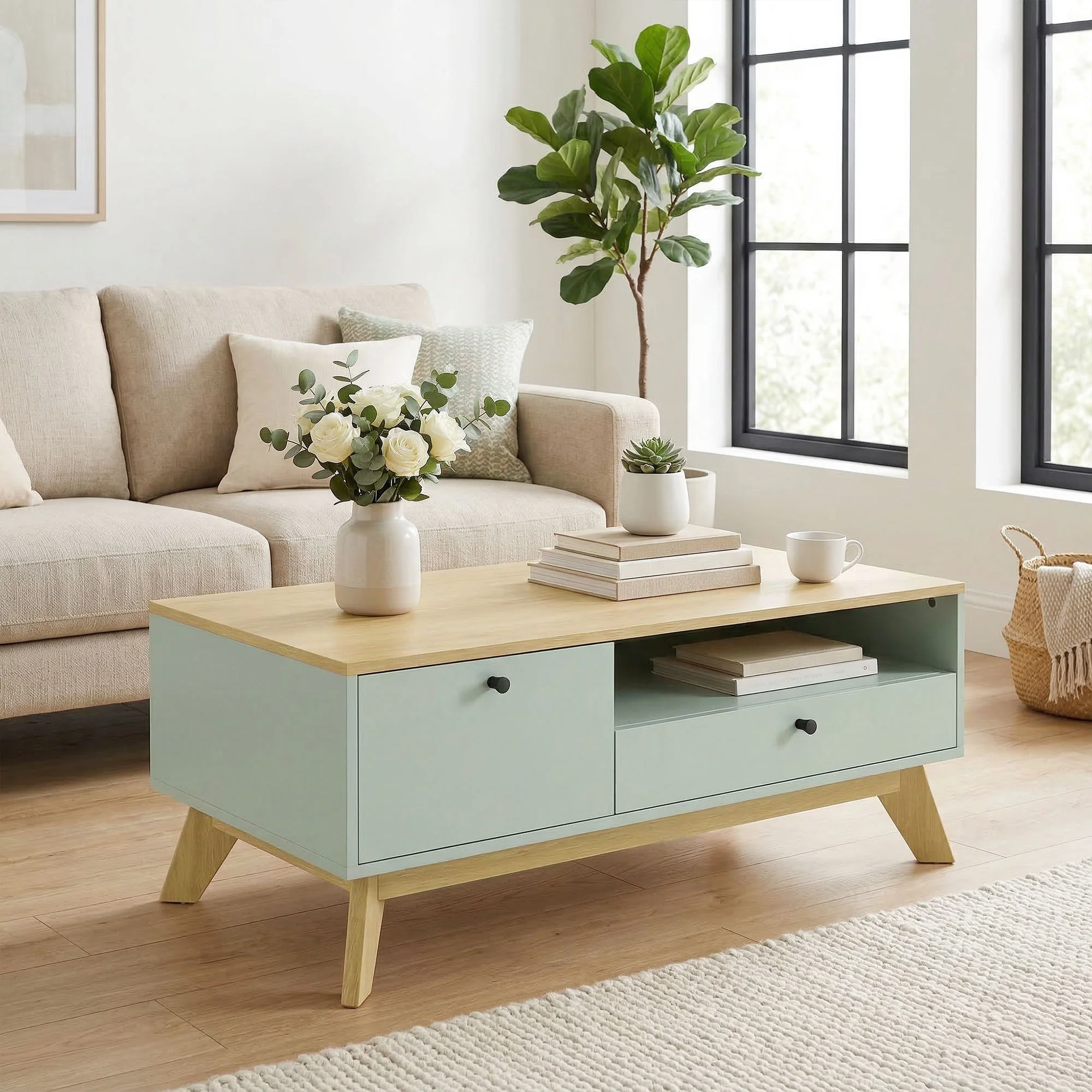 Table basse de salon, table d'appoint rectangulaire avec tiroir, porte et compartiment ouvert, style moderne, pour chambre, séjour et bureau, 100 x 50 x 40 cm, vert clair et chêne - Image 9