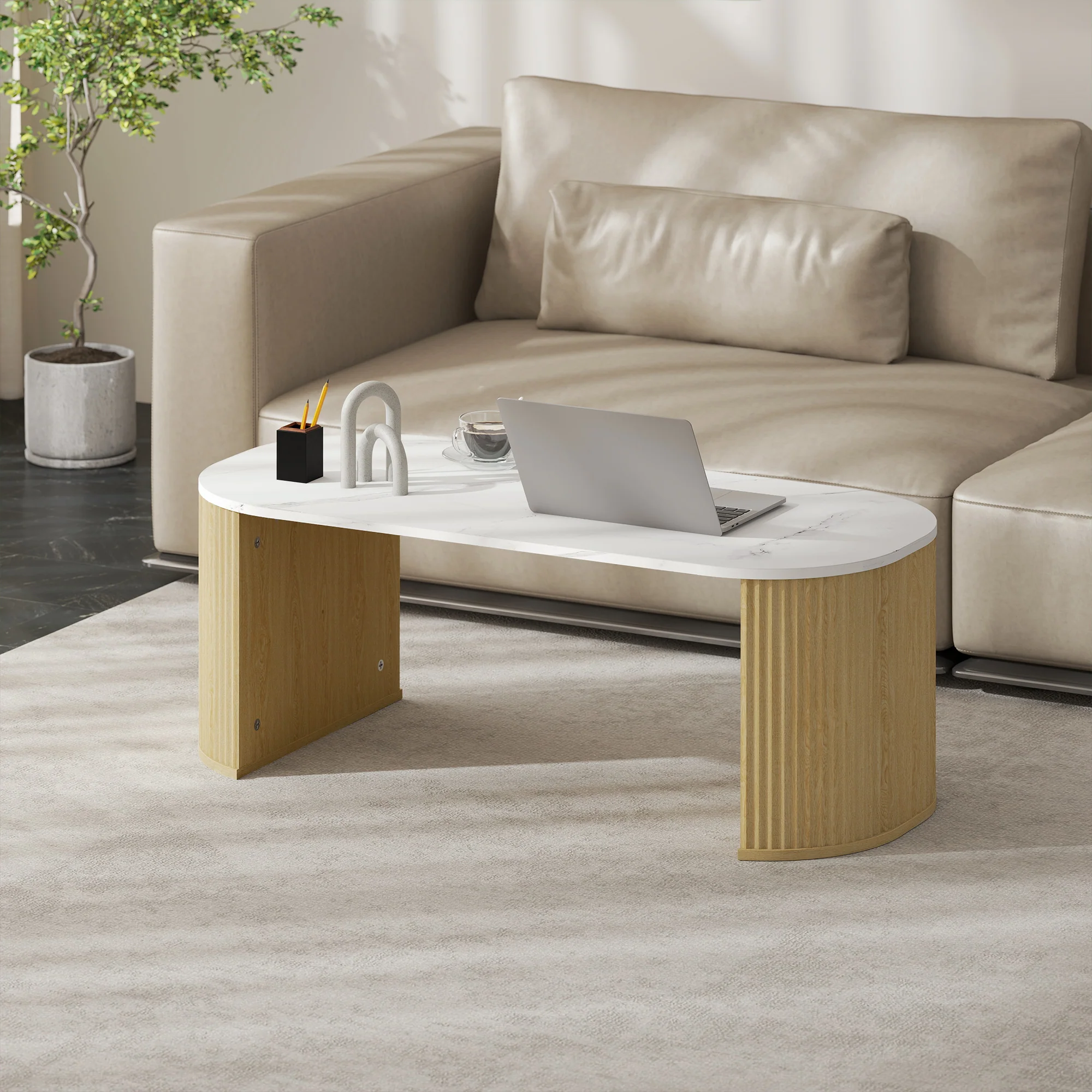 Table basse ovale, table d'appoint aspect effet marbre, avec coins arrondis et pieds épais, pour salon bureau chambre, 110 x 50 x 40 cm, blanc - Image 10