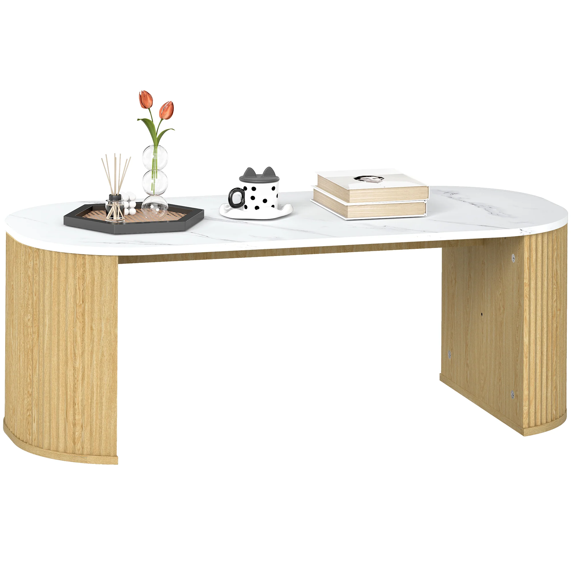 Table basse ovale, table d'appoint aspect effet marbre, avec coins arrondis et pieds épais, pour salon bureau chambre, 110 x 50 x 40 cm, blanc - Image 11