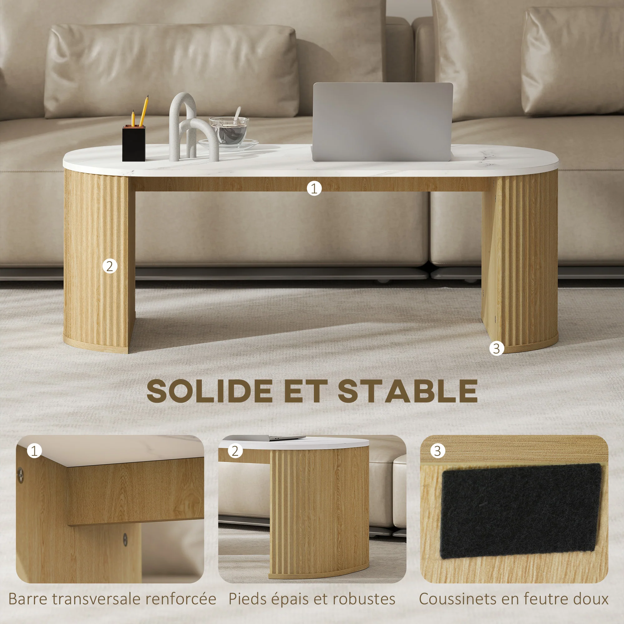 Table basse ovale, table d'appoint aspect effet marbre, avec coins arrondis et pieds épais, pour salon bureau chambre, 110 x 50 x 40 cm, blanc - Image 6
