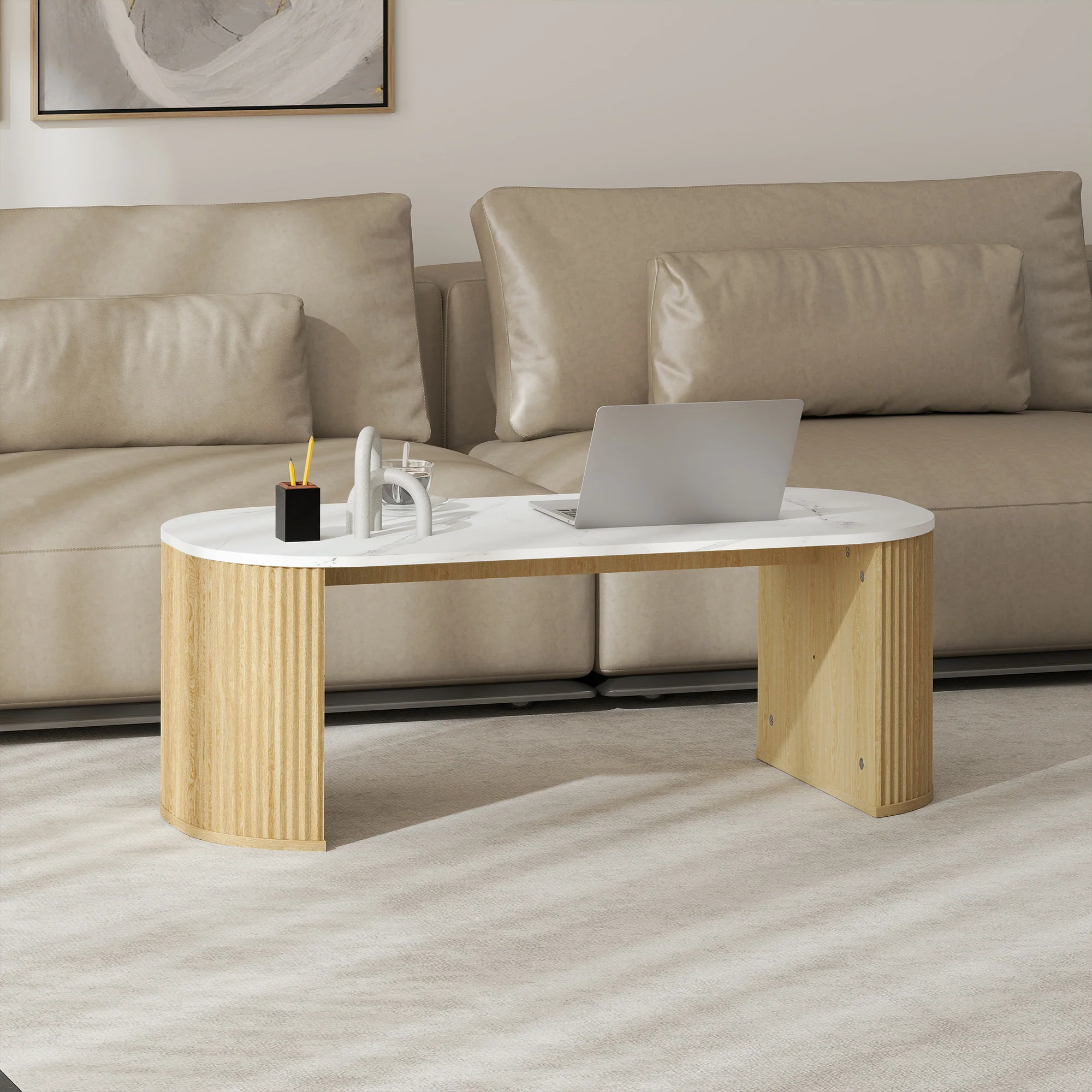 Table basse ovale, table d'appoint aspect effet marbre, avec coins arrondis et pieds épais, pour salon bureau chambre, 110 x 50 x 40 cm, blanc - Image 8