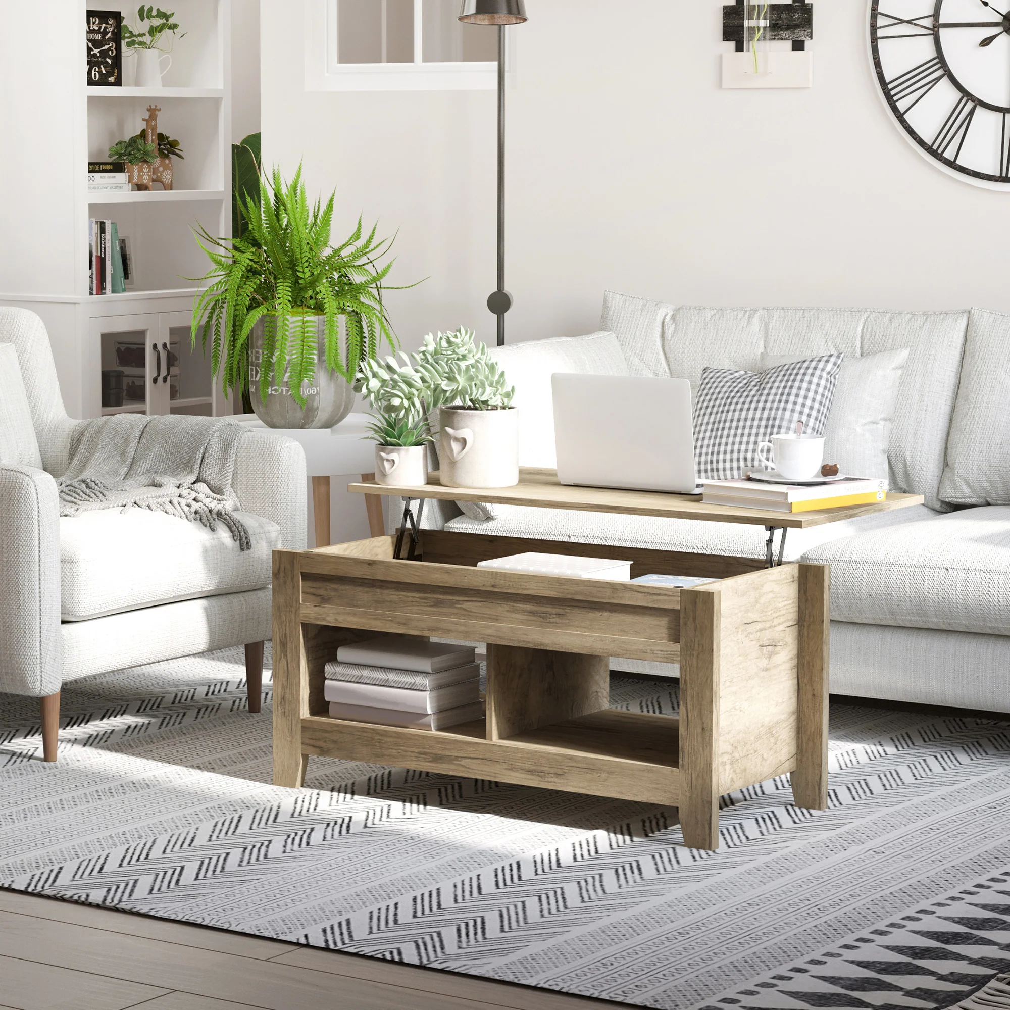 Table basse plateau relevable, table de salon avec étagères et compartiment caché,105 x 50 x 49-62,5 cm pour salon, chambre, aspect chêne clair - Image 3