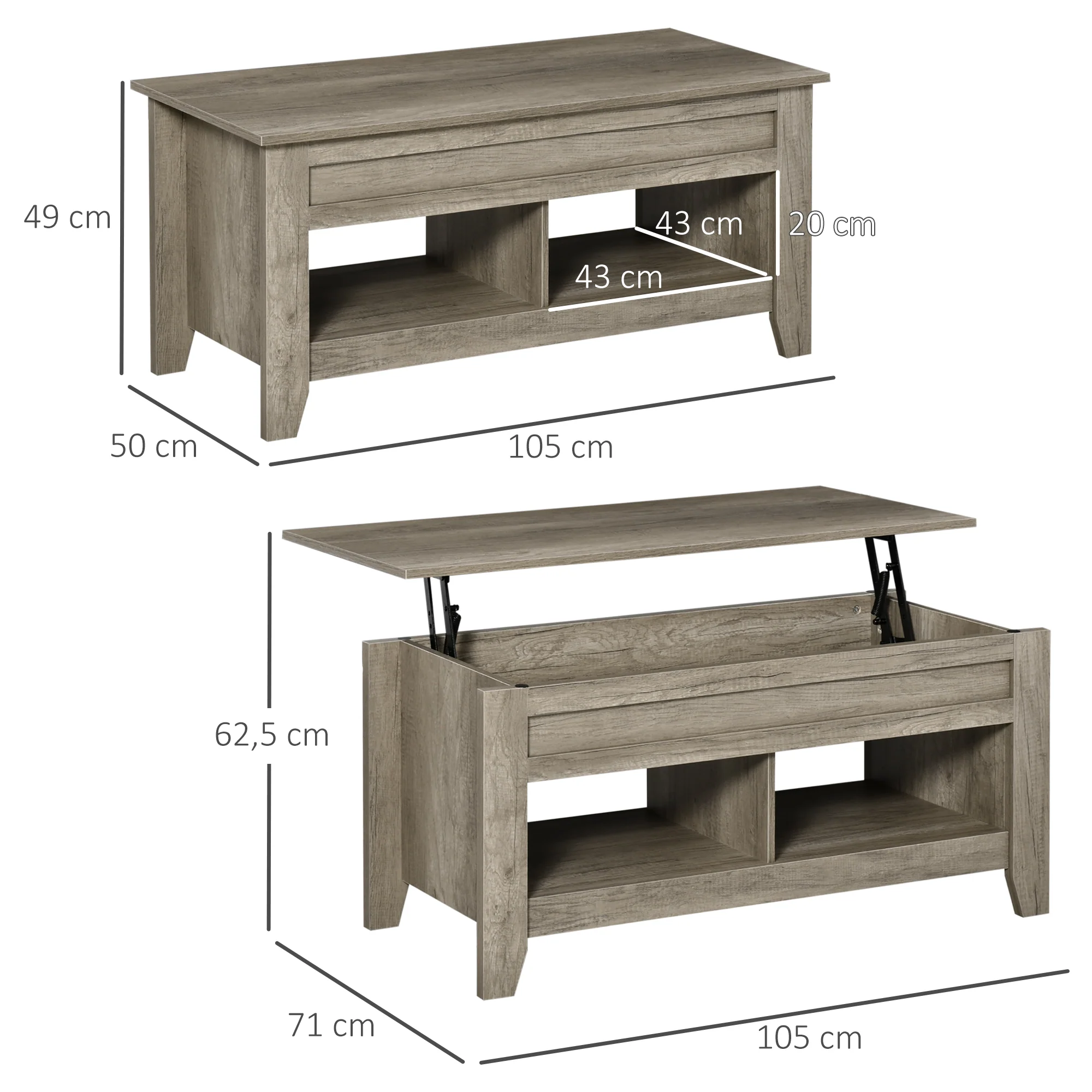 Table basse plateau relevable, table de salon avec étagères et compartiment caché,105 x 50 x 49-62,5 cm pour salon, chambre, aspect chêne clair - Image 4