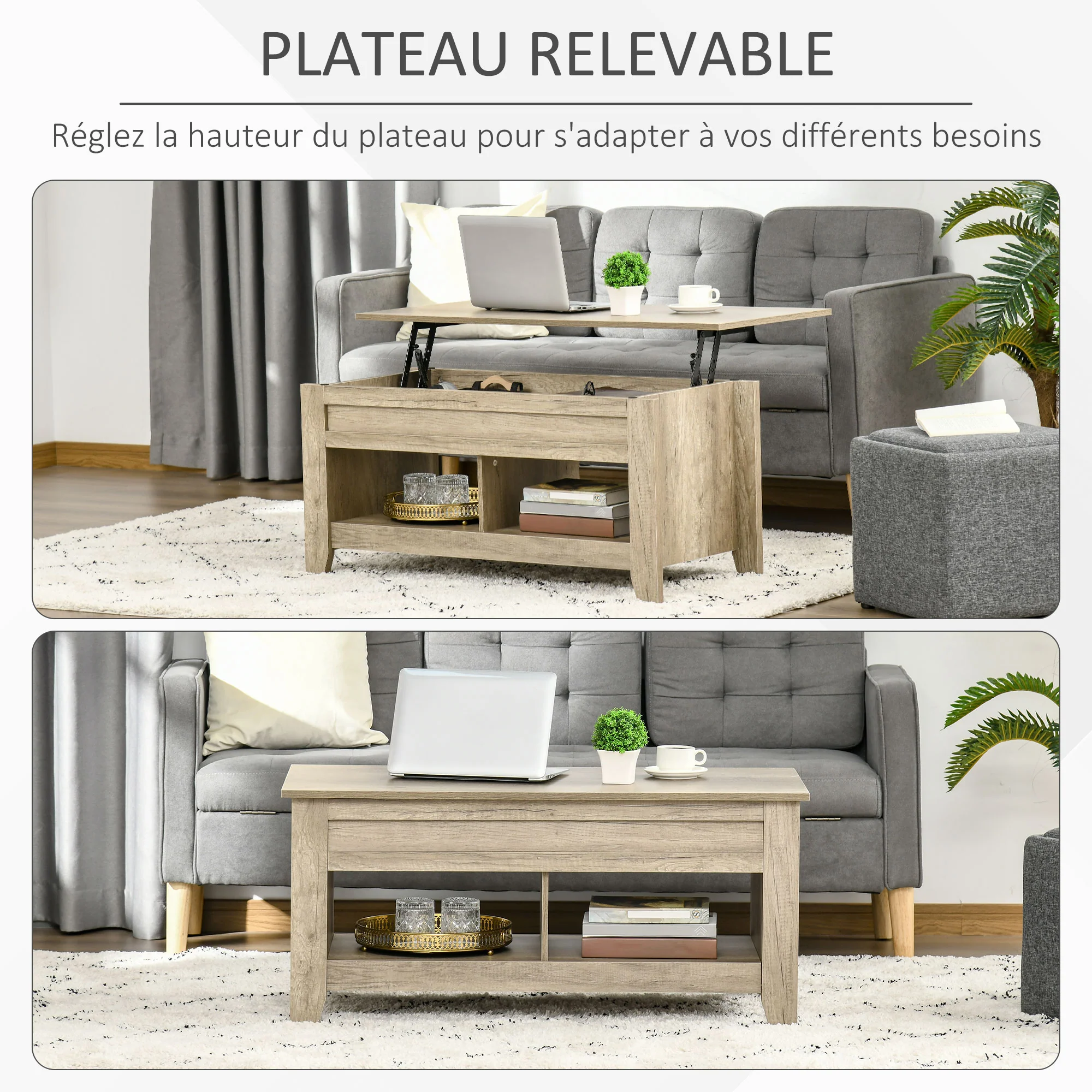 Table basse plateau relevable, table de salon avec étagères et compartiment caché,105 x 50 x 49-62,5 cm pour salon, chambre, aspect chêne clair - Image 5