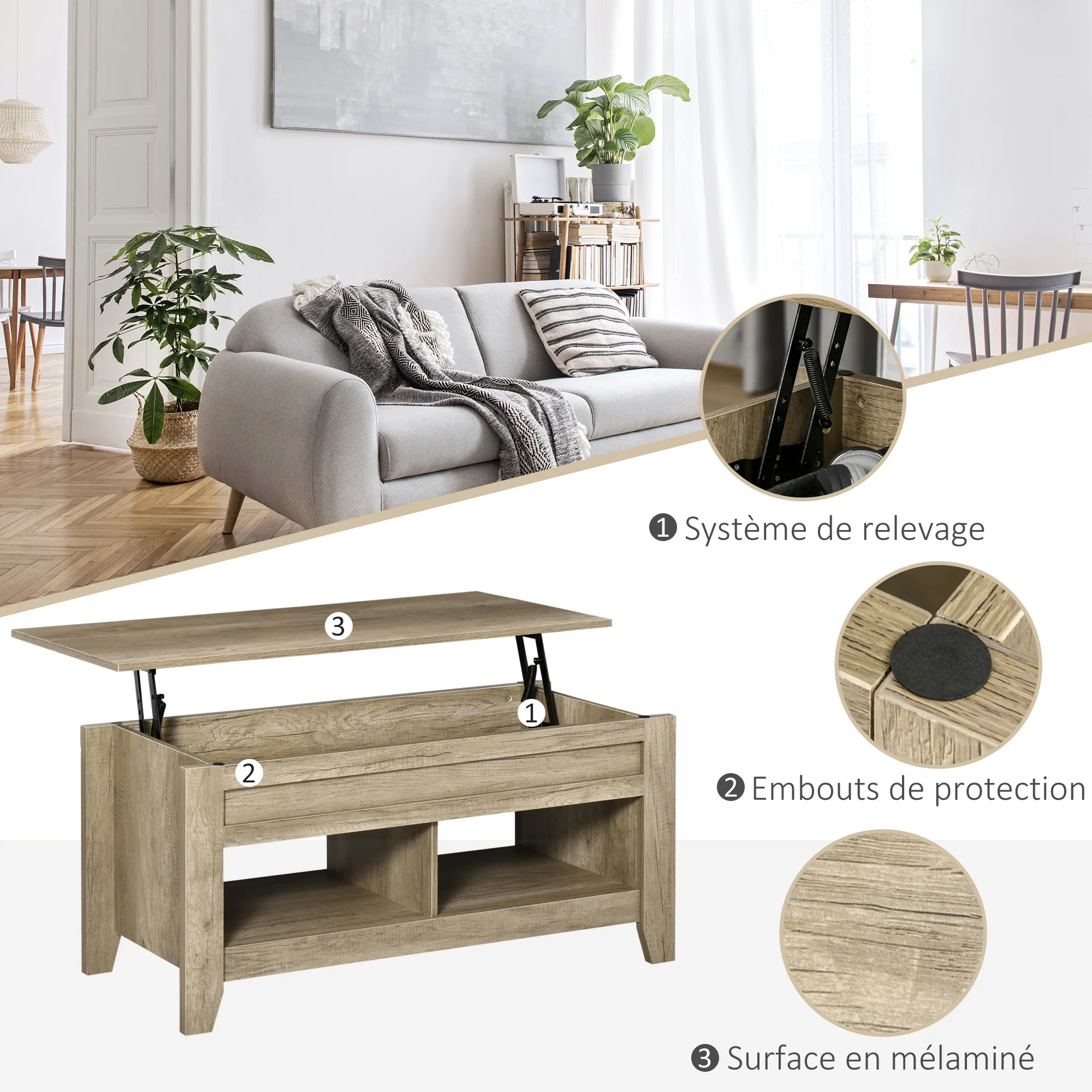 Table basse plateau relevable, table de salon avec étagères et compartiment caché,105 x 50 x 49-62,5 cm pour salon, chambre, aspect chêne clair - Image 7