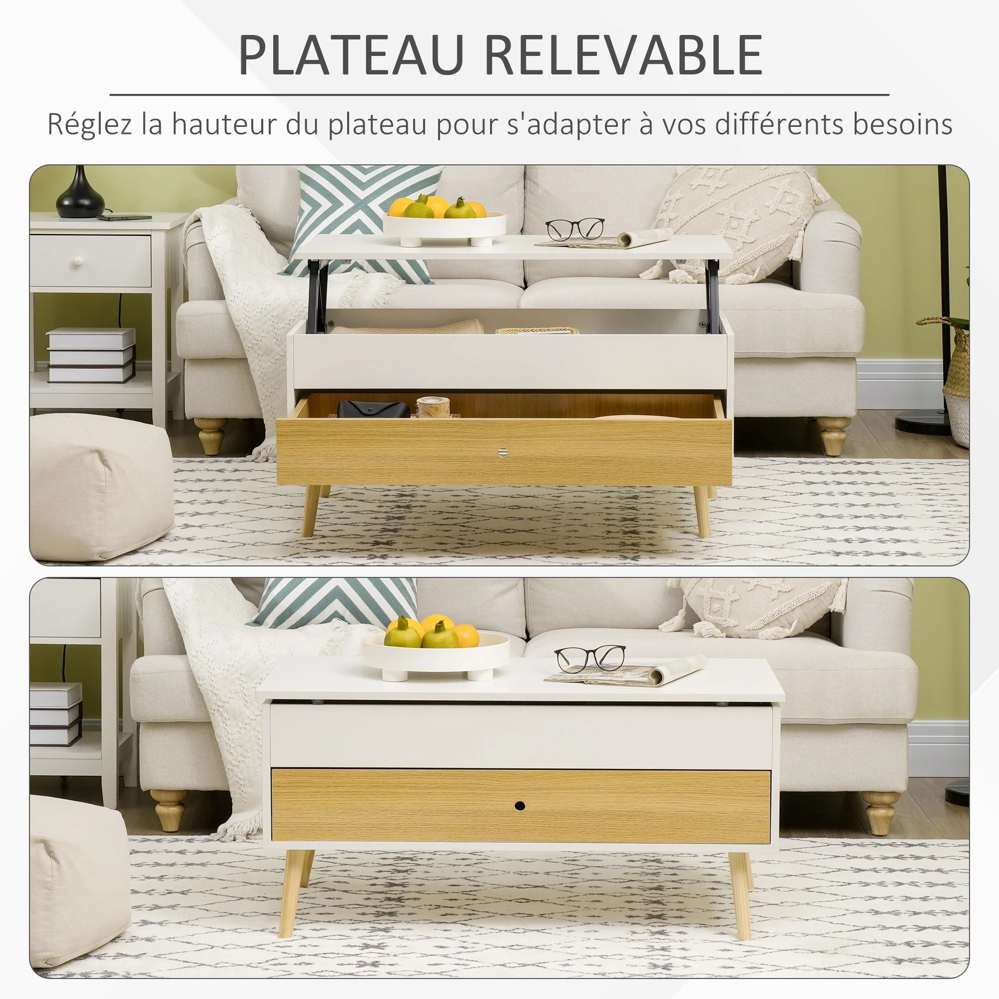 Table Basse relevable rectangulaire Table de Salon avec Plateau 1 tiroir et Coffre en Bois dim. 100L x 50l x 49H cm Blanc - Image 5