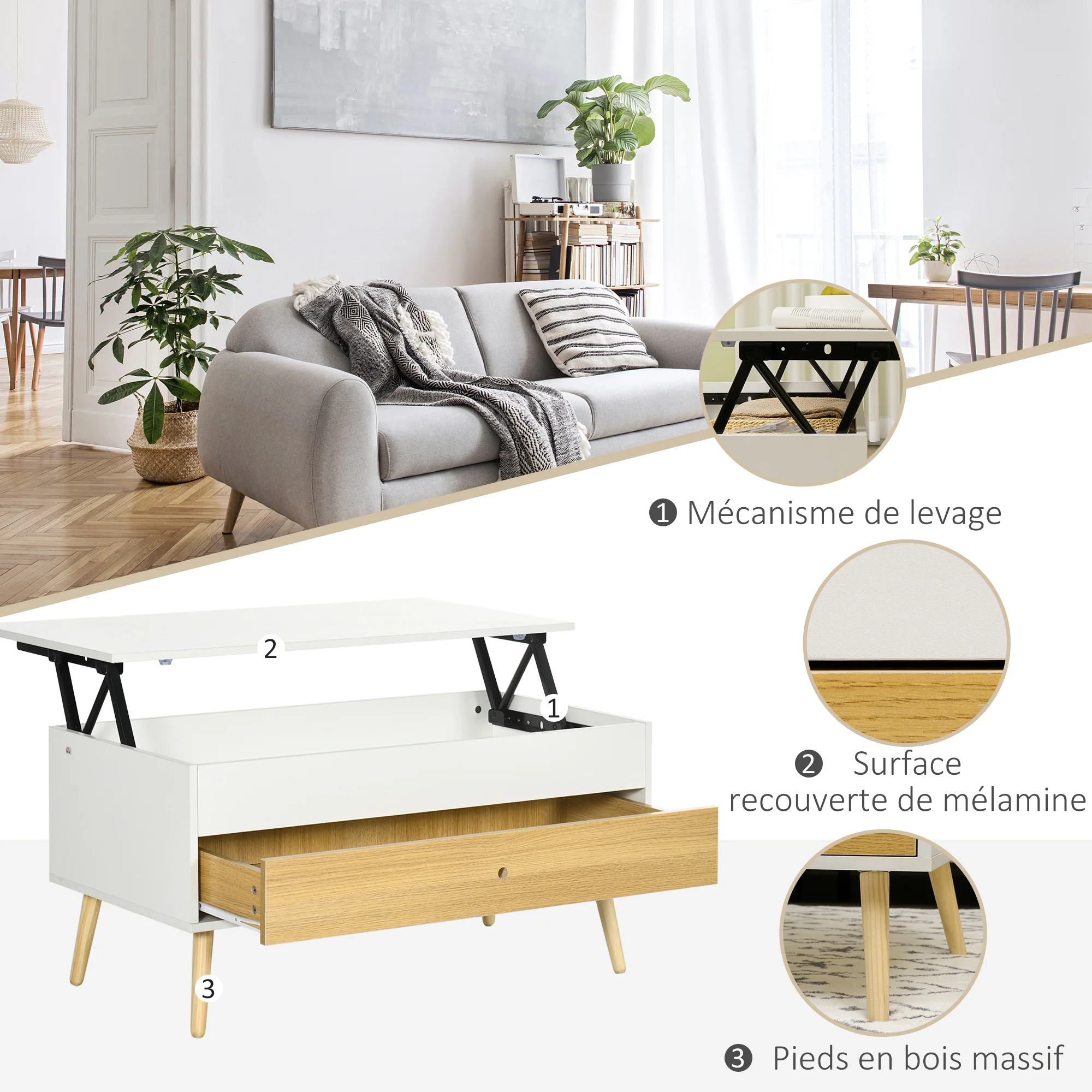 Table Basse relevable rectangulaire Table de Salon avec Plateau 1 tiroir et Coffre en Bois dim. 100L x 50l x 49H cm Blanc - Image 7