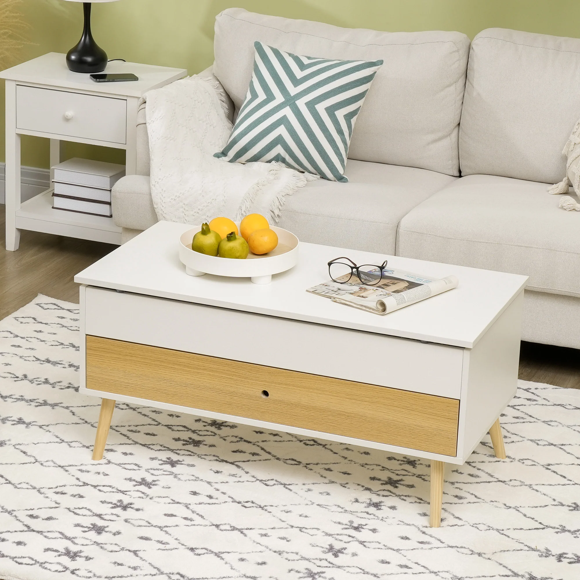 Table Basse relevable rectangulaire Table de Salon avec Plateau 1 tiroir et Coffre en Bois dim. 100L x 50l x 49H cm Blanc - Image 8