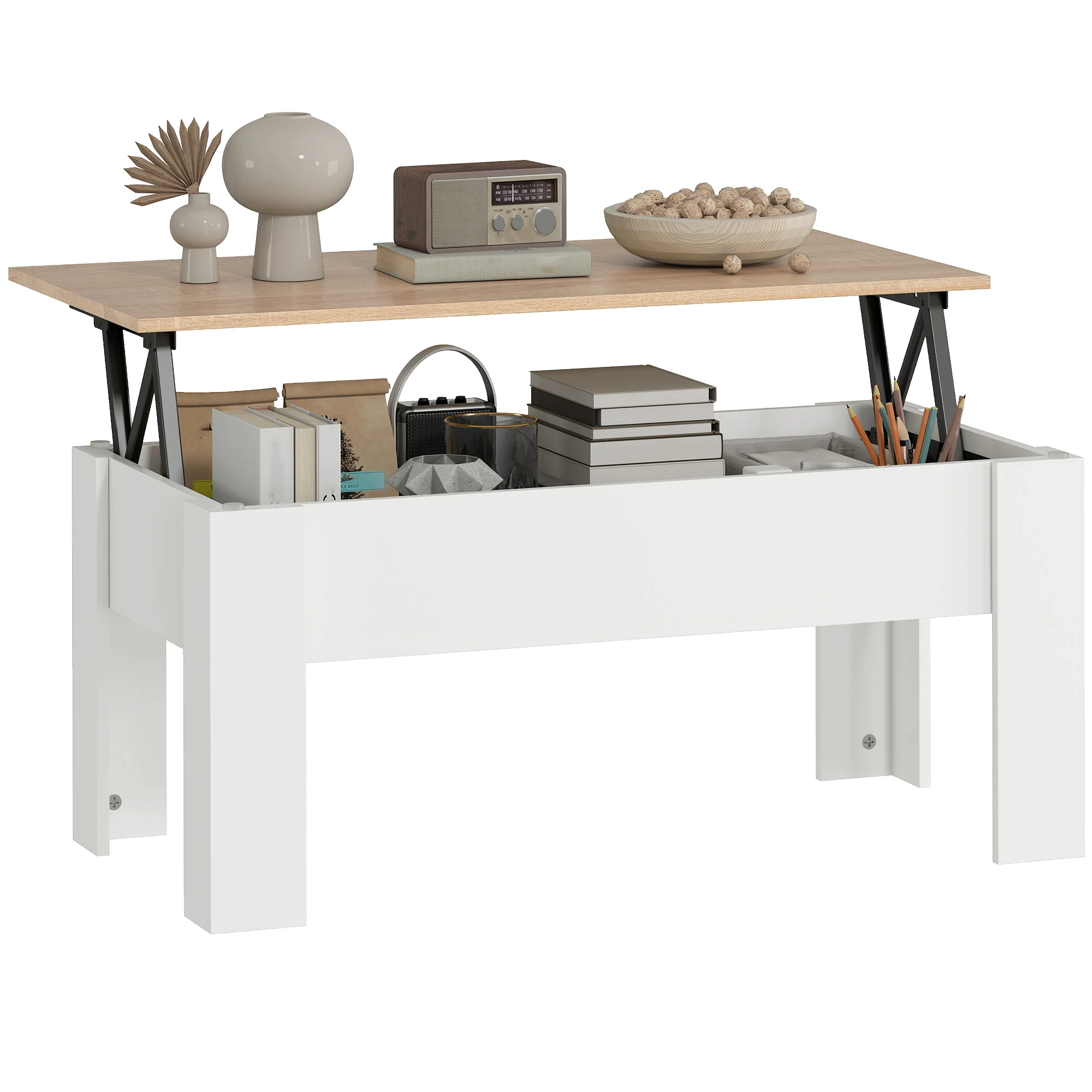 Table basse relevable, table de salon avec compartiment caché, style moderne, pour salon, bureau, 100 x 50 x 45 cm, blanc - Image 11