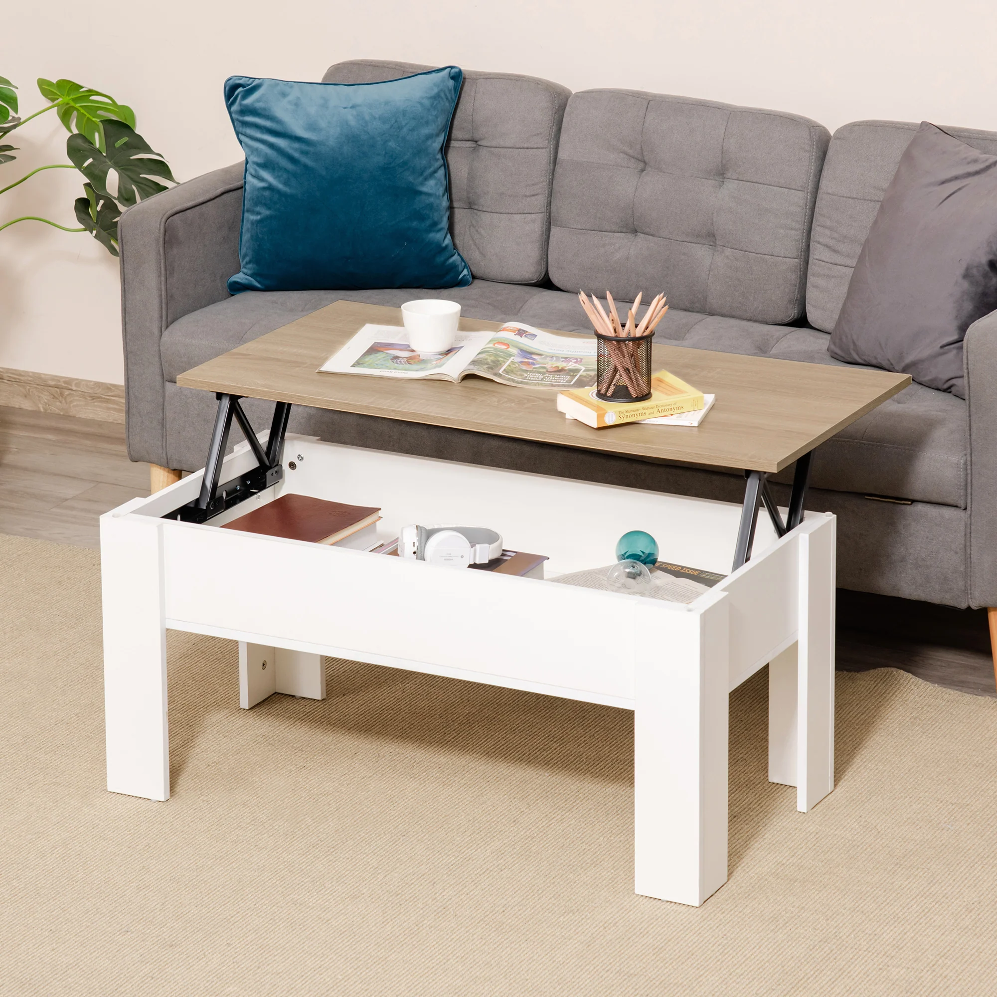 Table basse relevable, table de salon avec compartiment caché, style moderne, pour salon, bureau, 100 x 50 x 45 cm, blanc - Image 3