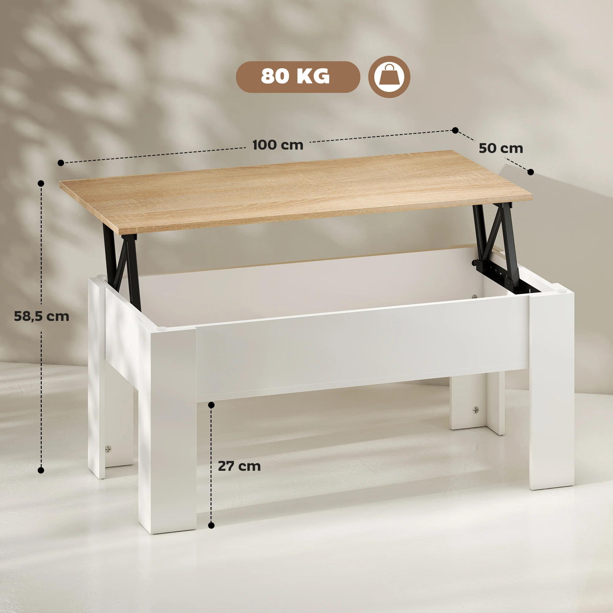 Table basse relevable, table de salon avec compartiment caché, style moderne, pour salon, bureau, 100 x 50 x 45 cm, blanc - Image 4