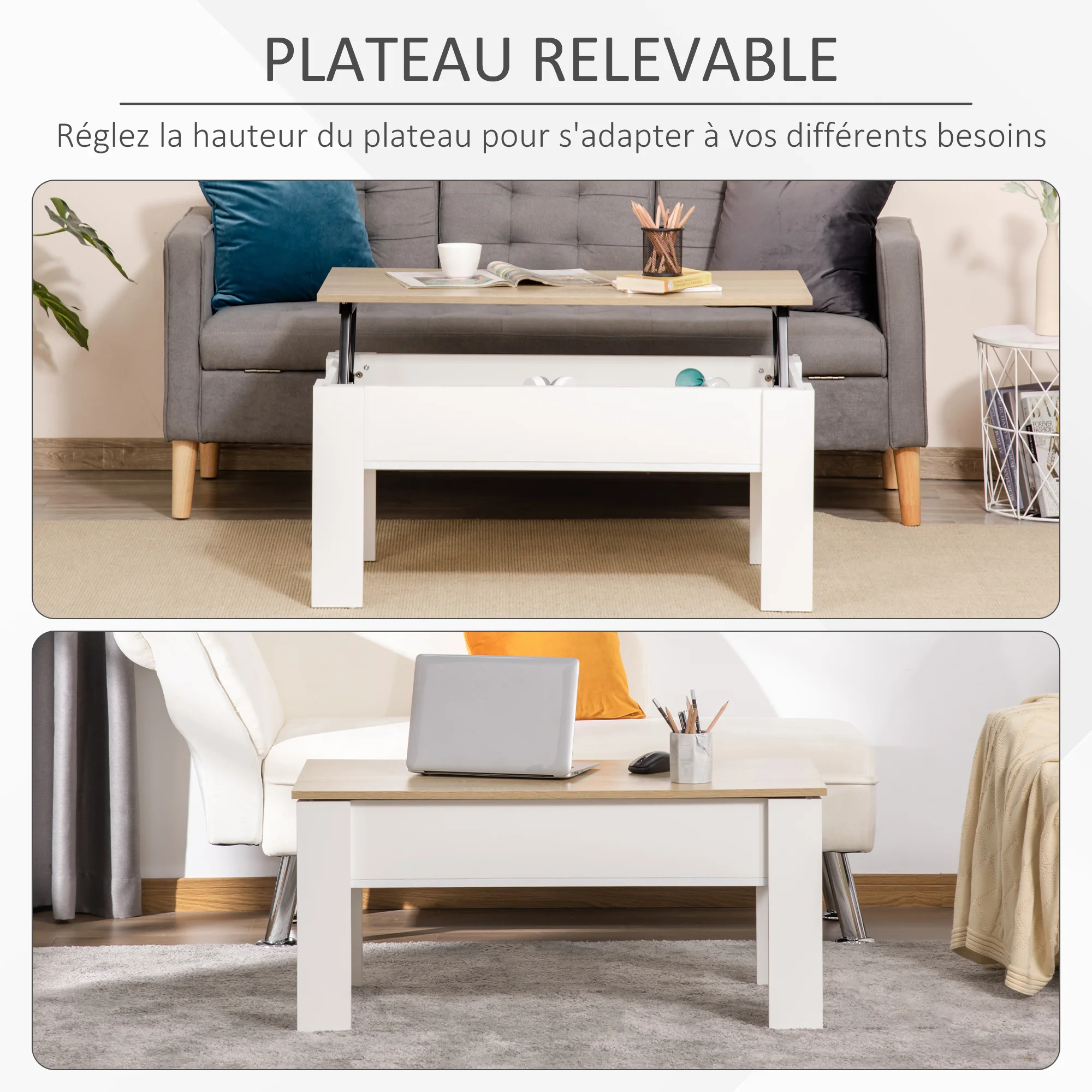 Table basse relevable, table de salon avec compartiment caché, style moderne, pour salon, bureau, 100 x 50 x 45 cm, blanc - Image 5