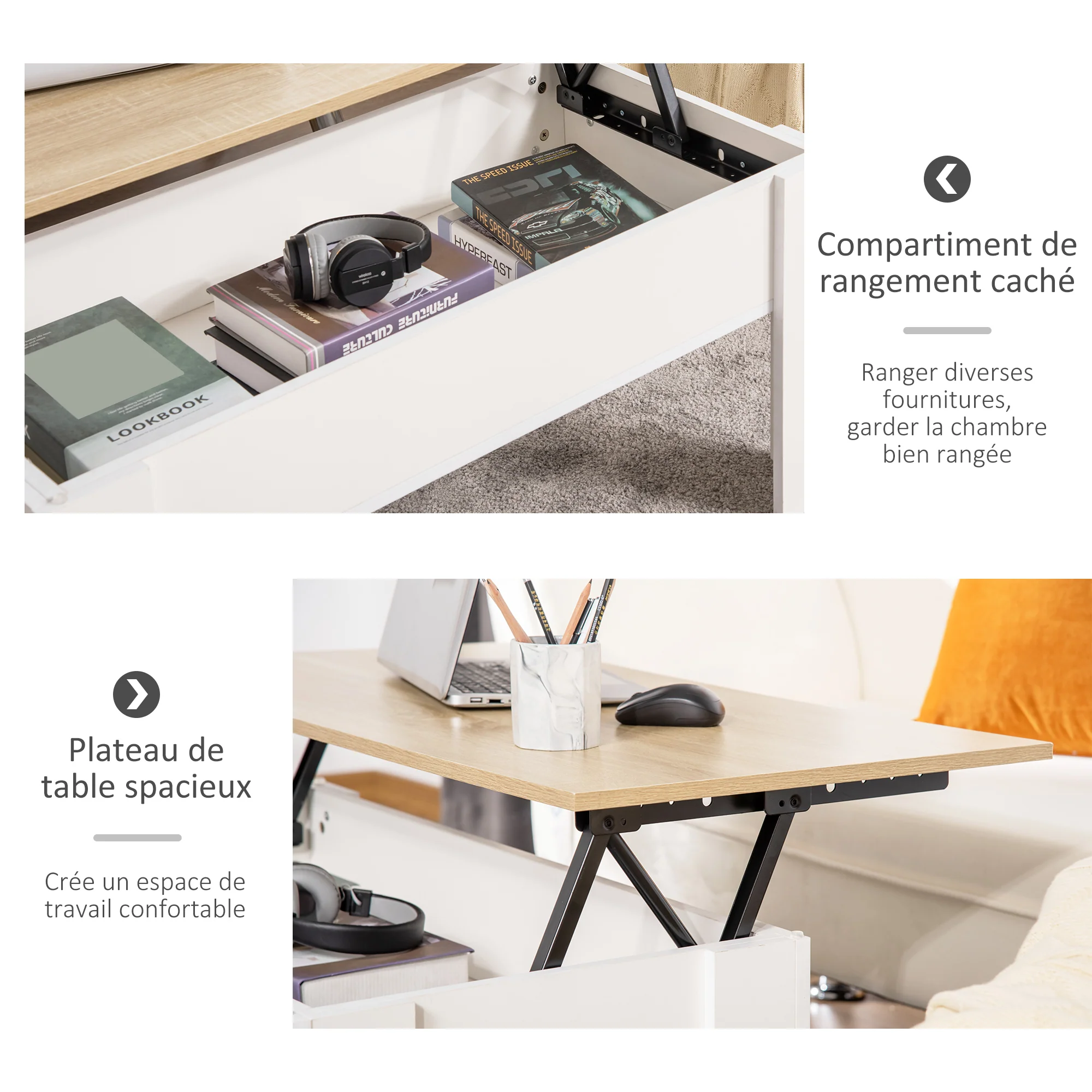 Table basse relevable, table de salon avec compartiment caché, style moderne, pour salon, bureau, 100 x 50 x 45 cm, blanc - Image 6