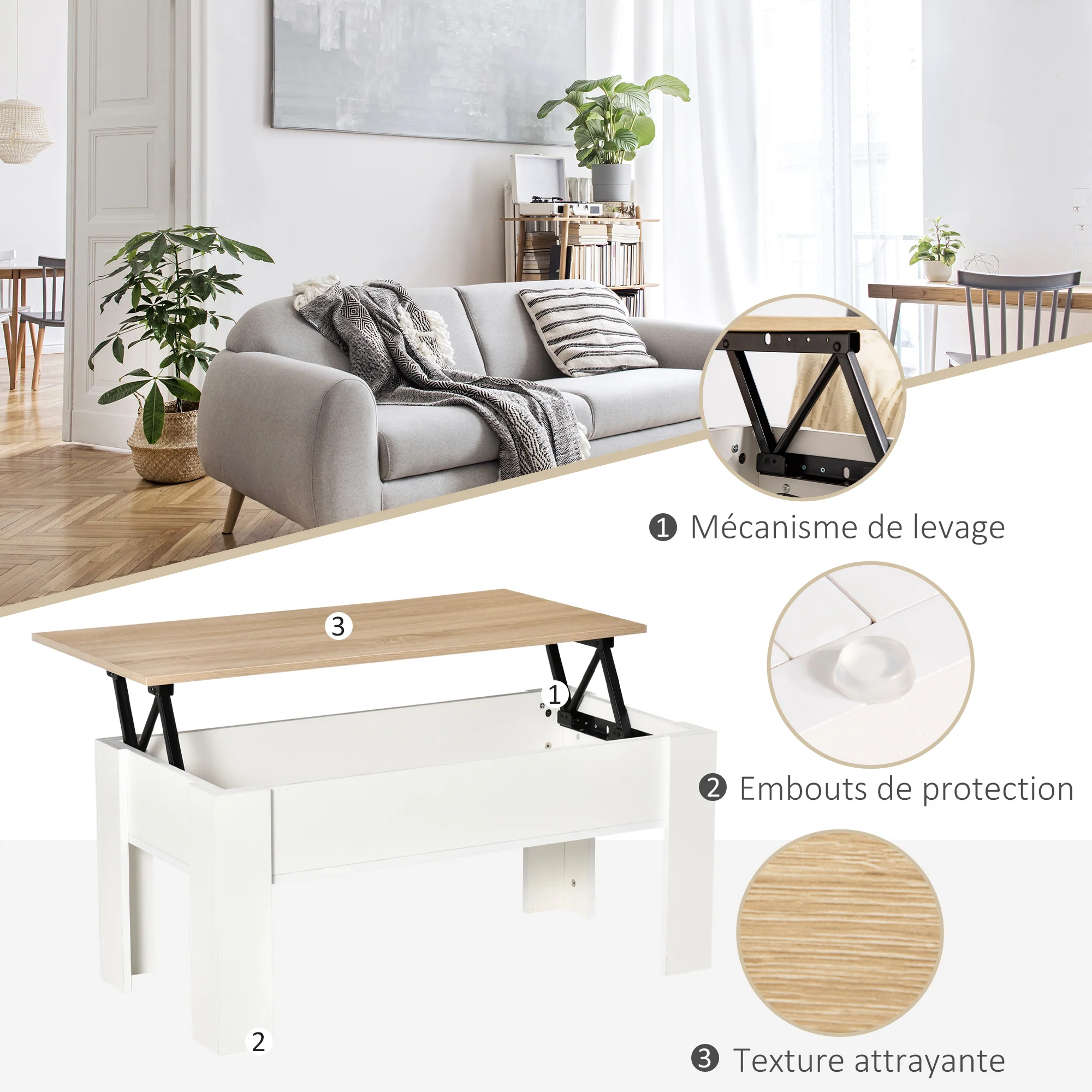 Table basse relevable, table de salon avec compartiment caché, style moderne, pour salon, bureau, 100 x 50 x 45 cm, blanc - Image 7