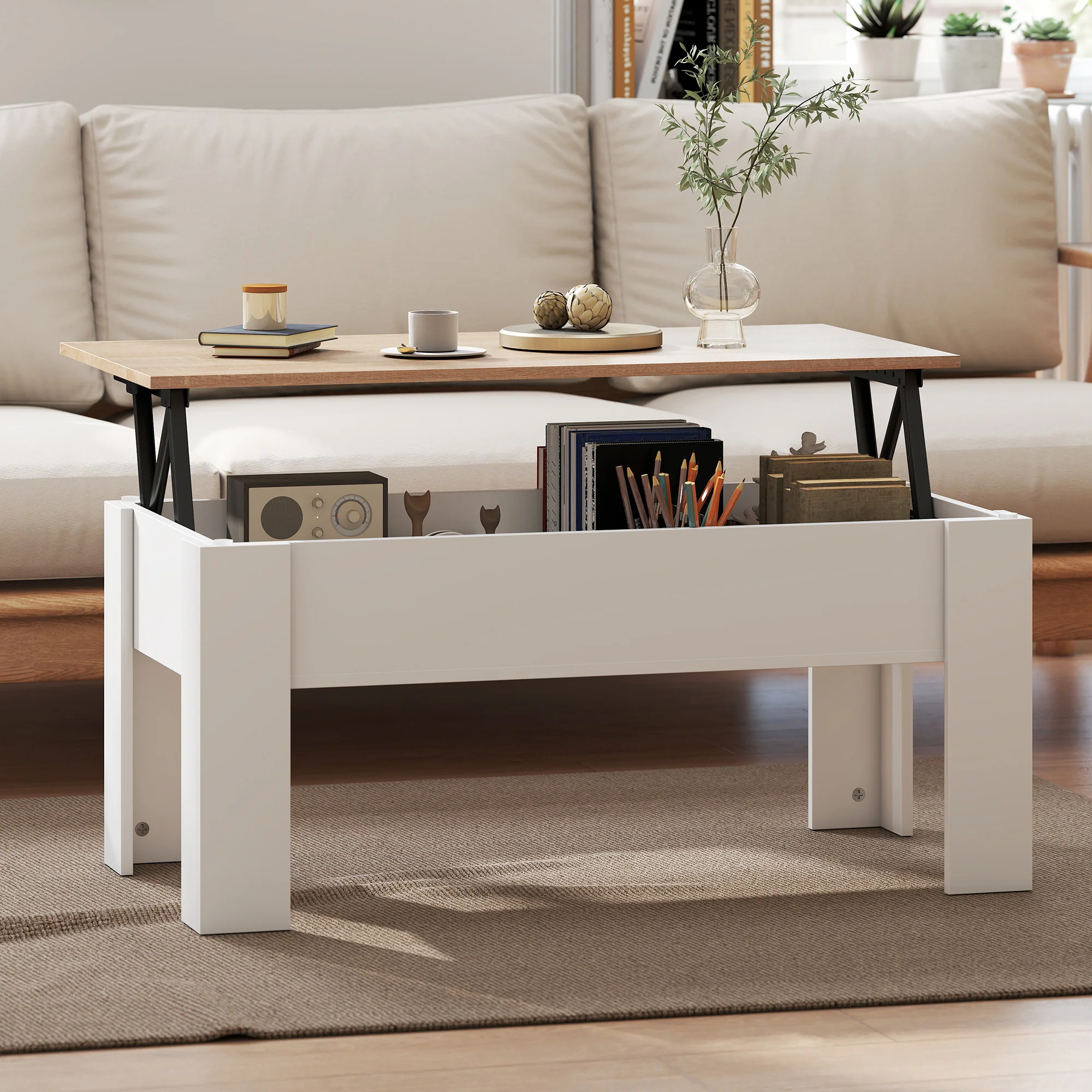 Table basse relevable, table de salon avec compartiment caché, style moderne, pour salon, bureau, 100 x 50 x 45 cm, blanc - Image 8