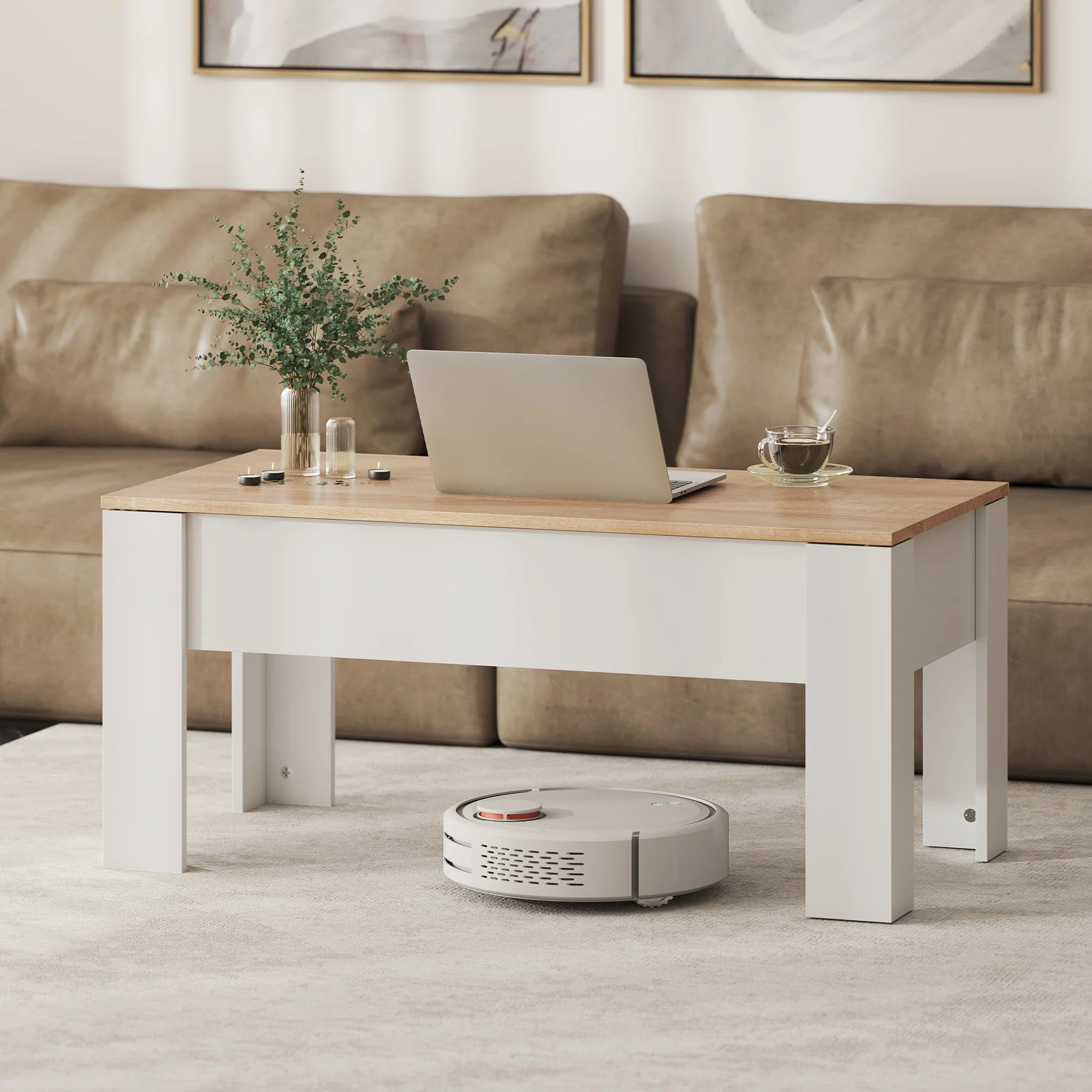 Table basse relevable, table de salon avec compartiment caché, style moderne, pour salon, bureau, 100 x 50 x 45 cm, blanc - Image 9