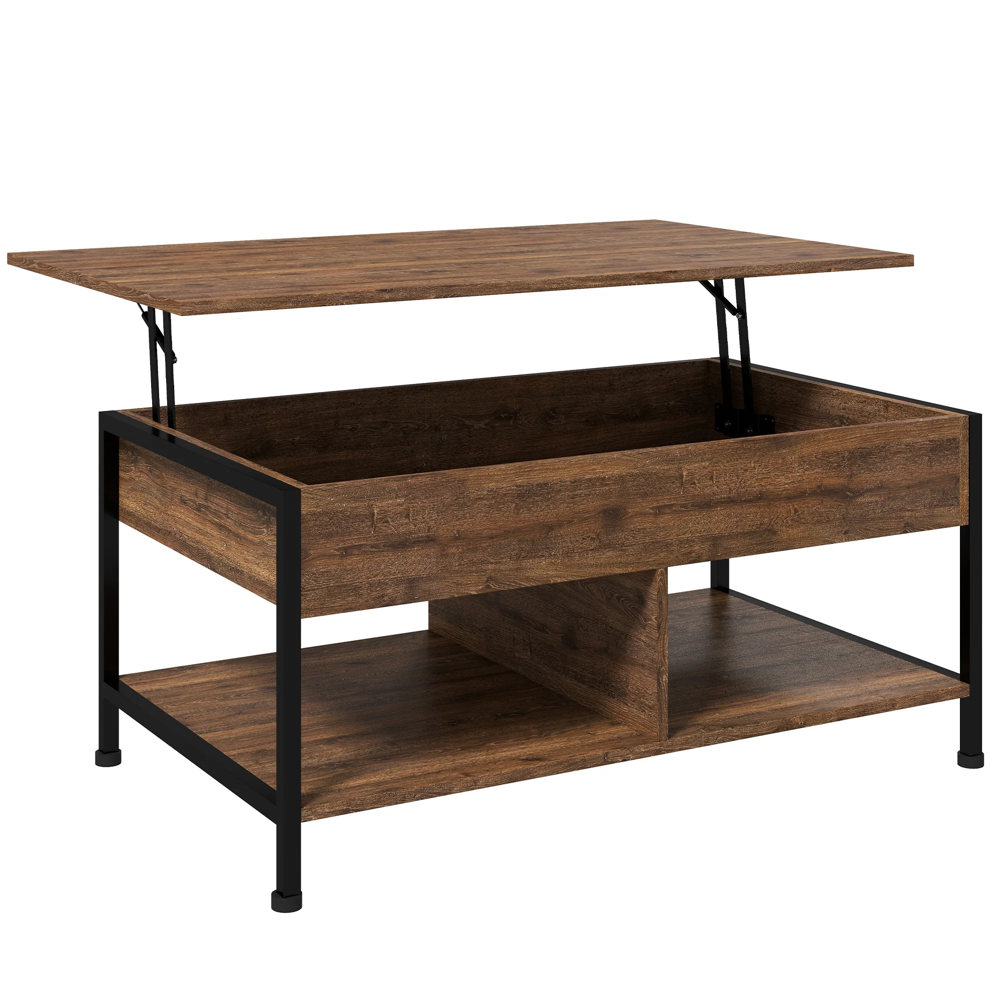 Table basse relevable table de salon - étagère inférieure, coffre de rangement - dim. 100L x 80l x 60H cm - aspect bois rustique noir - Image 11