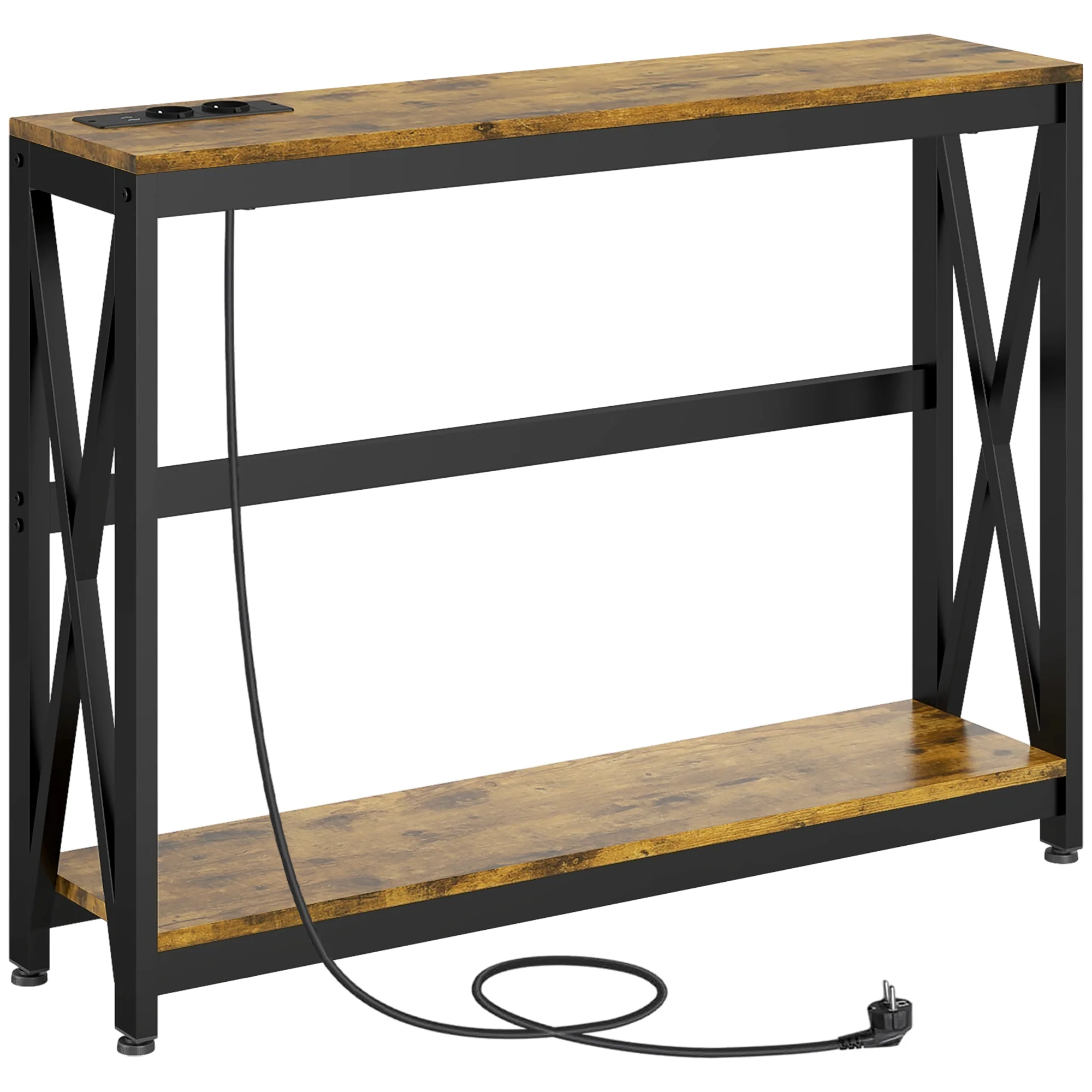 Table console avec multiprise, table de canapé avec 2 étagères, table d'entrée étroite pour salon, chambre, couloir, 100 x 24 x 75 cm, style industriel, marron rustique et noir - Image 11
