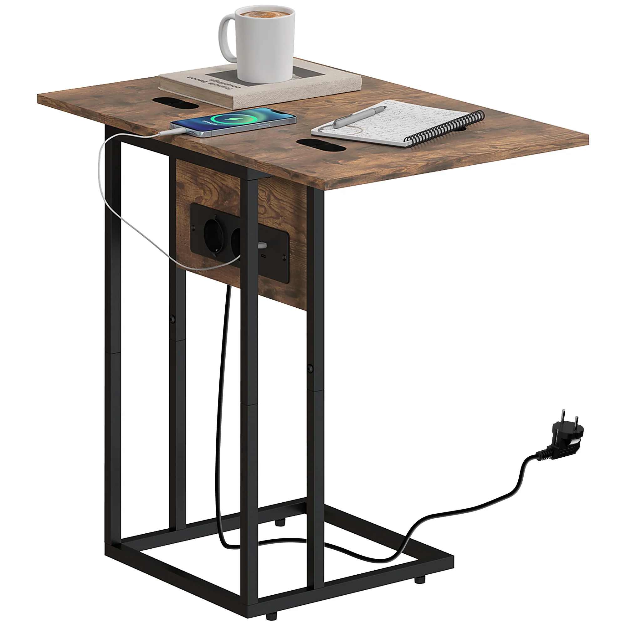 Table d'appoint avec station de charge, bout de canapé avec plateau pliable, cadre en métal, table basse pour salon, chambre, 39 x 29 x 57 cm, brun rustique et noir - Image 11