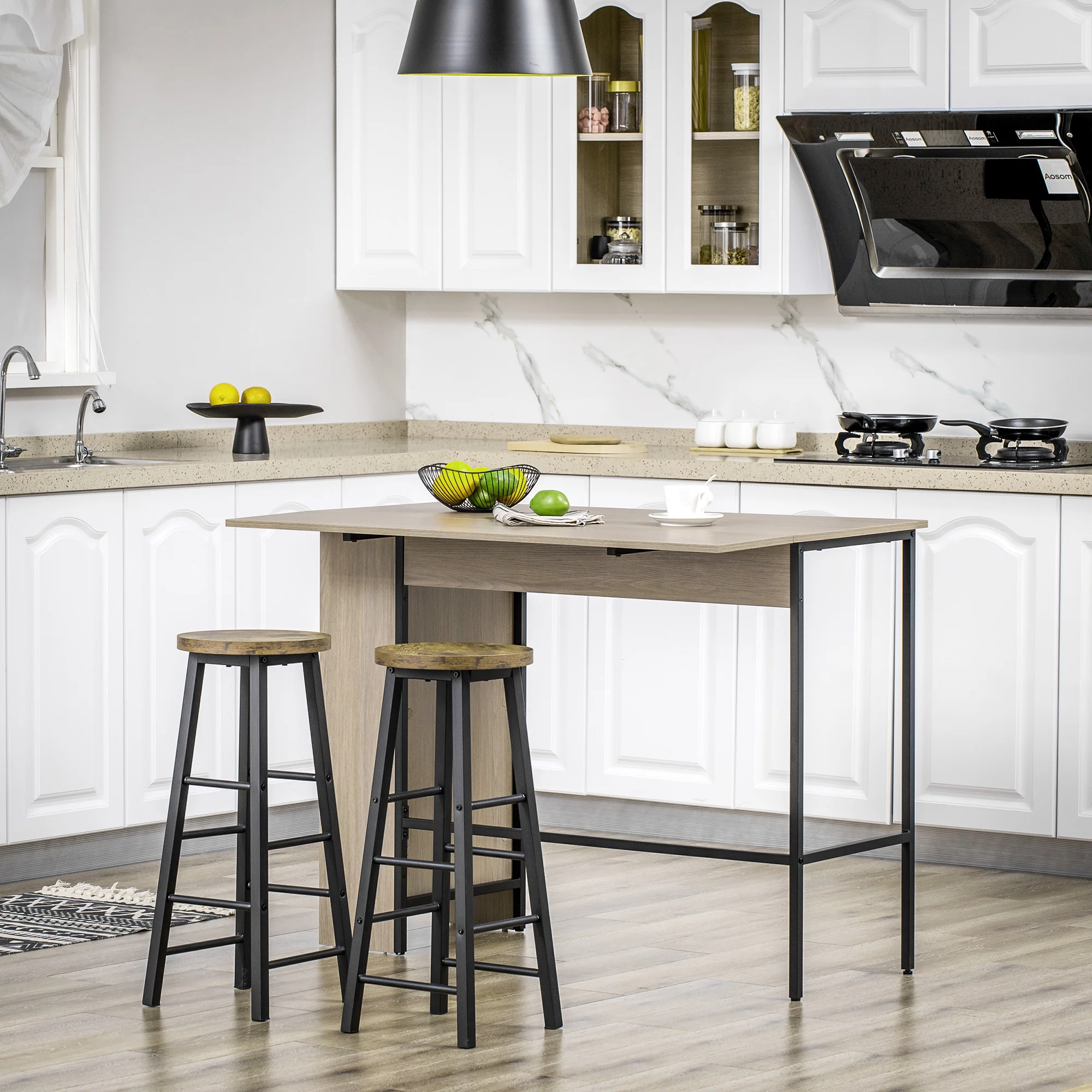Table de bar avec rangement Table Bistrot Ilot central plateau latéral rabattable et 3 étagères - 120 x 76 x 91,4 cm - Image 3
