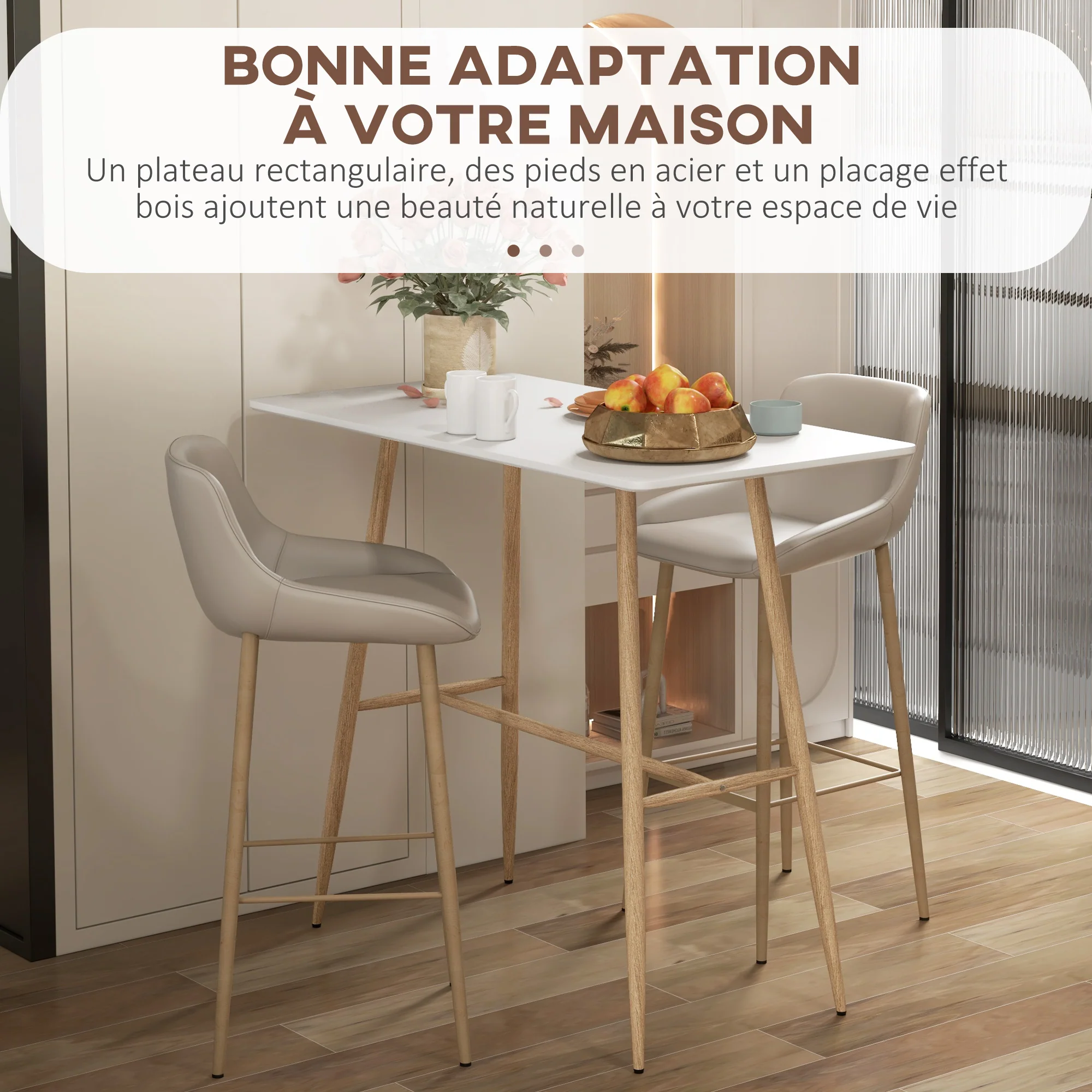 Table de bar rectangulaire 4 personnes, table haute pieds en acier effet bois, table de bistrot assemblage facile, pour bar à domicile, salle à manger, 120 x 60 x 98 cm, blanc - Image 6