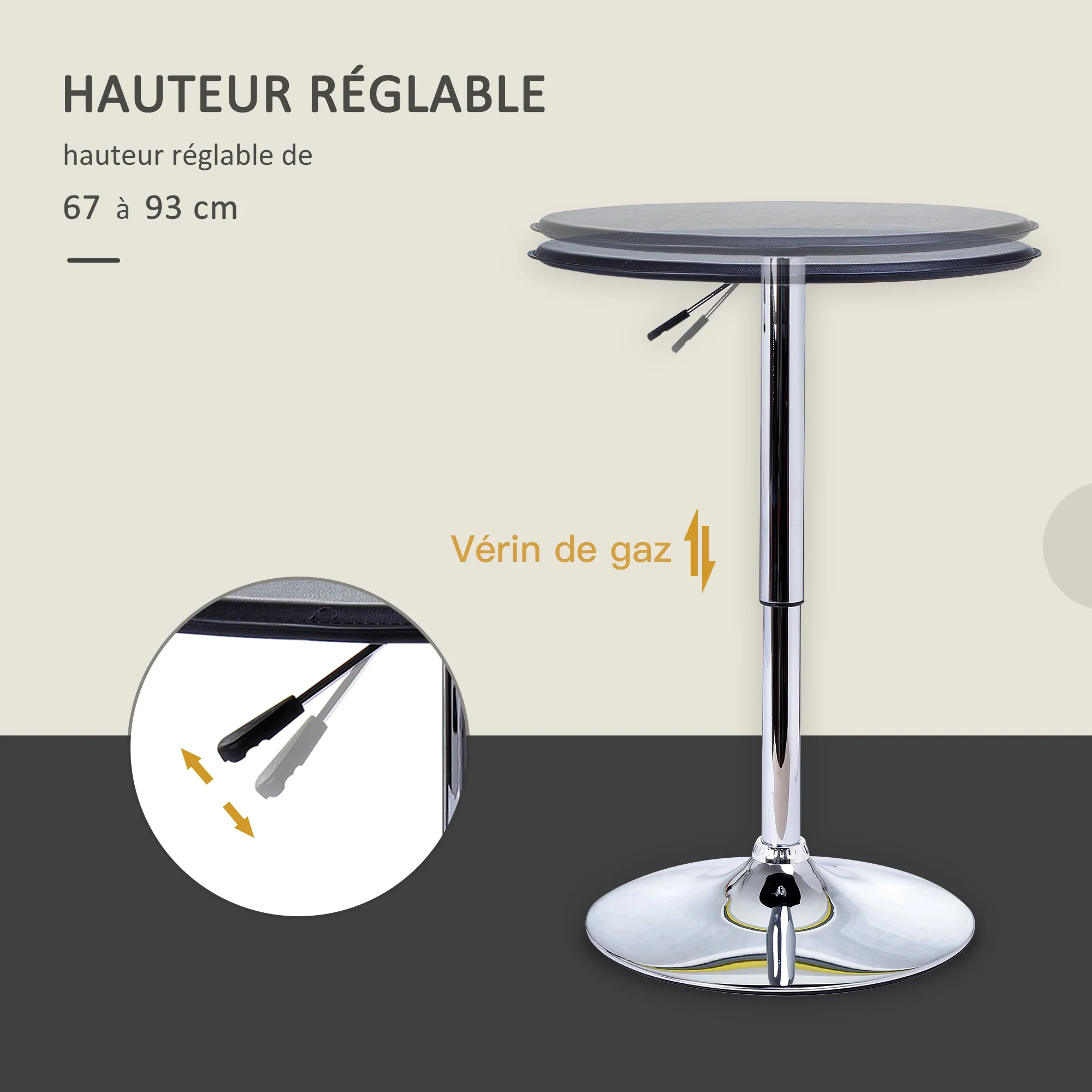 Table de Bar Table Bistro Mange-debout Chic Style Contemporain Table Ronde Hauteur réglable 67-93 cm ? 63 cm Plateau pivotant 360° métal chromé PVC Noir - Image 5