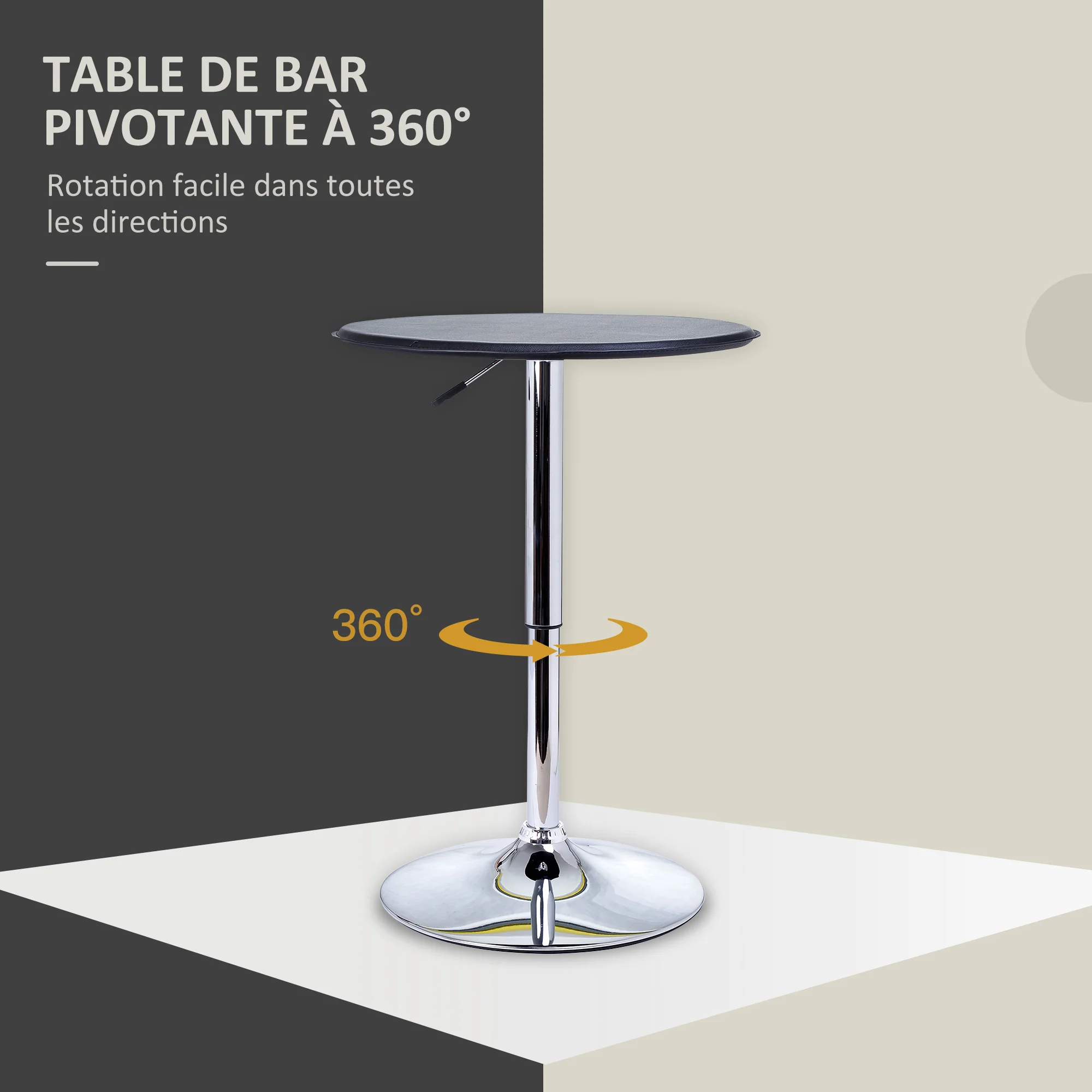 Table de Bar Table Bistro Mange-debout Chic Style Contemporain Table Ronde Hauteur réglable 67-93 cm ? 63 cm Plateau pivotant 360° métal chromé PVC Noir - Image 6