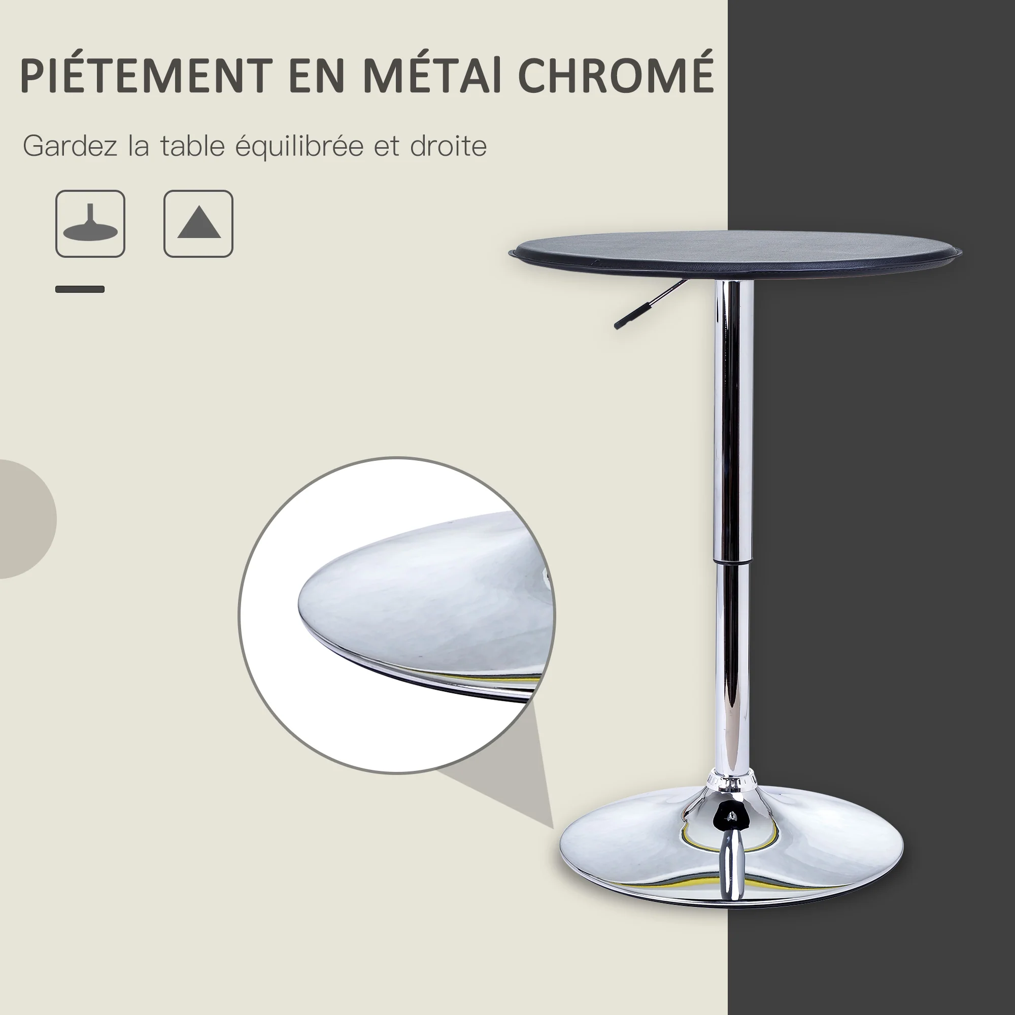 Table de Bar Table Bistro Mange-debout Chic Style Contemporain Table Ronde Hauteur réglable 67-93 cm ? 63 cm Plateau pivotant 360° métal chromé PVC Noir - Image 7