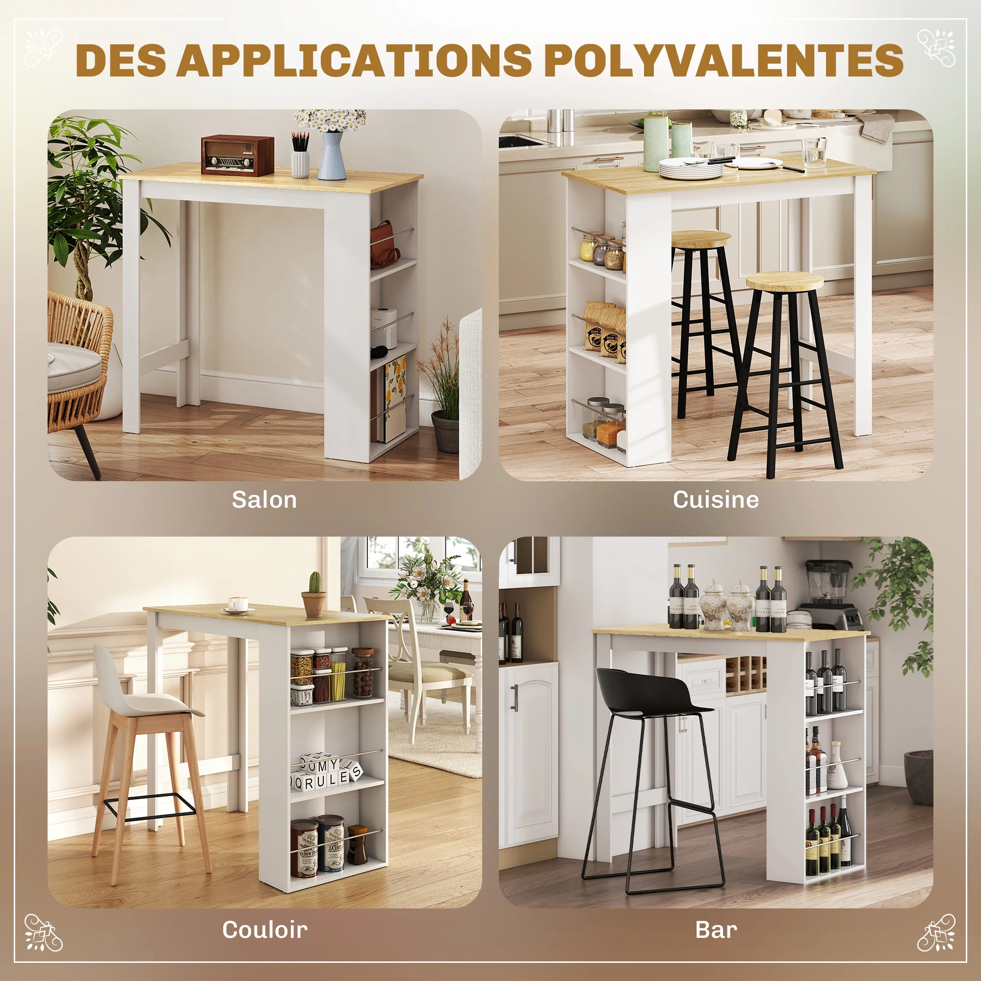 Table de bar table haute de cuisine mange-debout comptoir - dim. 112L x 57l x 106H cm - 3 étagères - aspect chêne clair blanc - Image 6