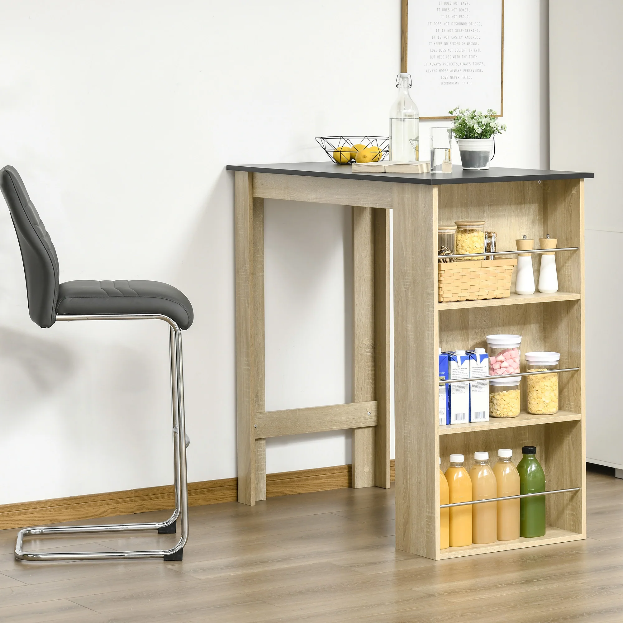 Table de bar table haute de cuisine mange-debout comptoir - dim. 112L x 57l x 106H cm - 3 étagères - aspect chêne clair noir - Image 3