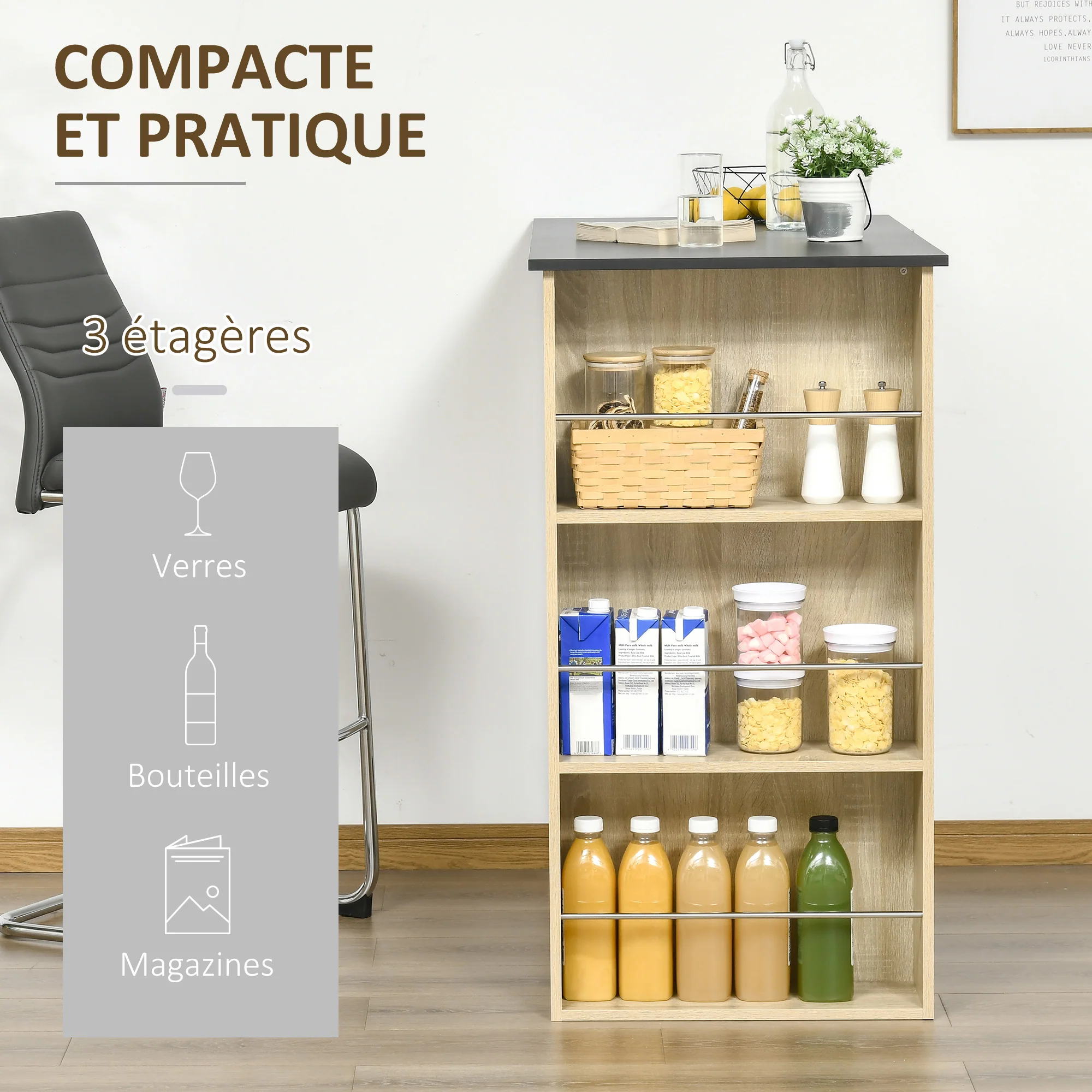 Table de bar table haute de cuisine mange-debout comptoir - dim. 112L x 57l x 106H cm - 3 étagères - aspect chêne clair noir - Image 5