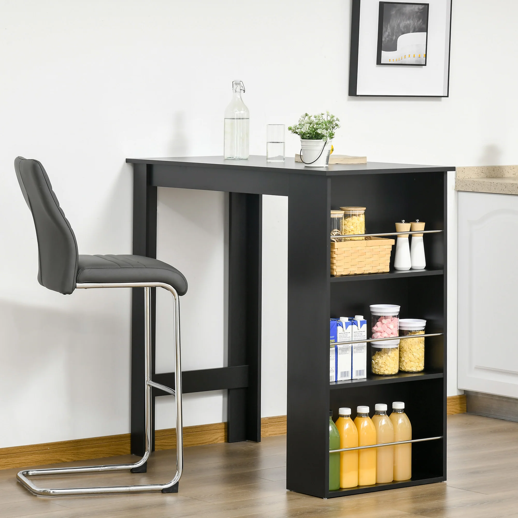 Table de bar table haute de cuisine mange-debout comptoir - dim. 112L x 57l x 106H cm - 3 étagères - noir - Image 3
