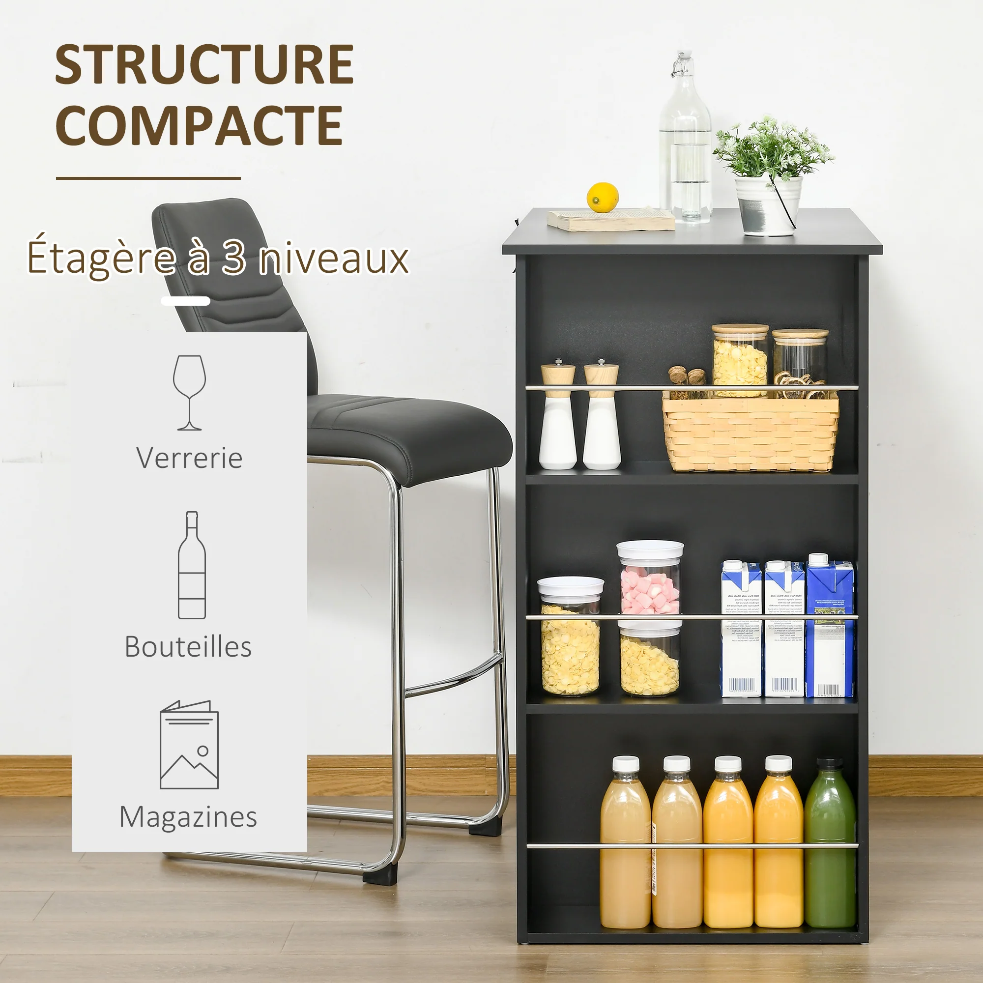 Table de bar table haute de cuisine mange-debout comptoir - dim. 112L x 57l x 106H cm - 3 étagères - noir - Image 5