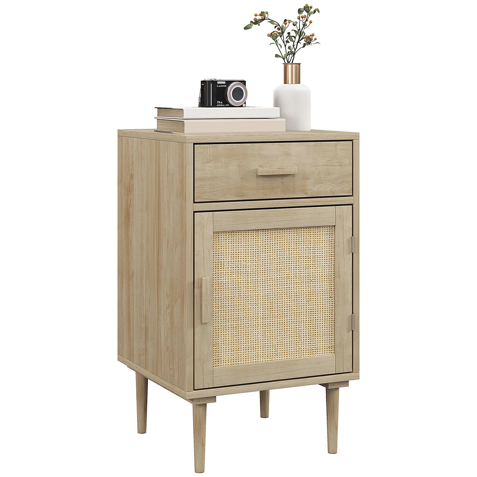 Table de chevet table d'appoint avec placard et étagère porte rotin tissé + 1 tiroir design bohème - 40 x 40 x 68,5 cm naturel - Image 11