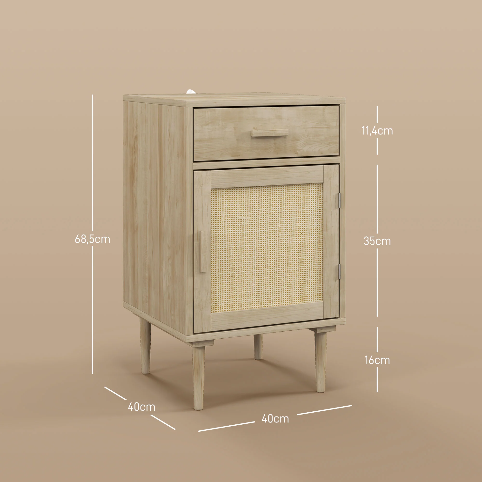 Table de chevet table d'appoint avec placard et étagère porte rotin tissé + 1 tiroir design bohème - 40 x 40 x 68,5 cm naturel - Image 4