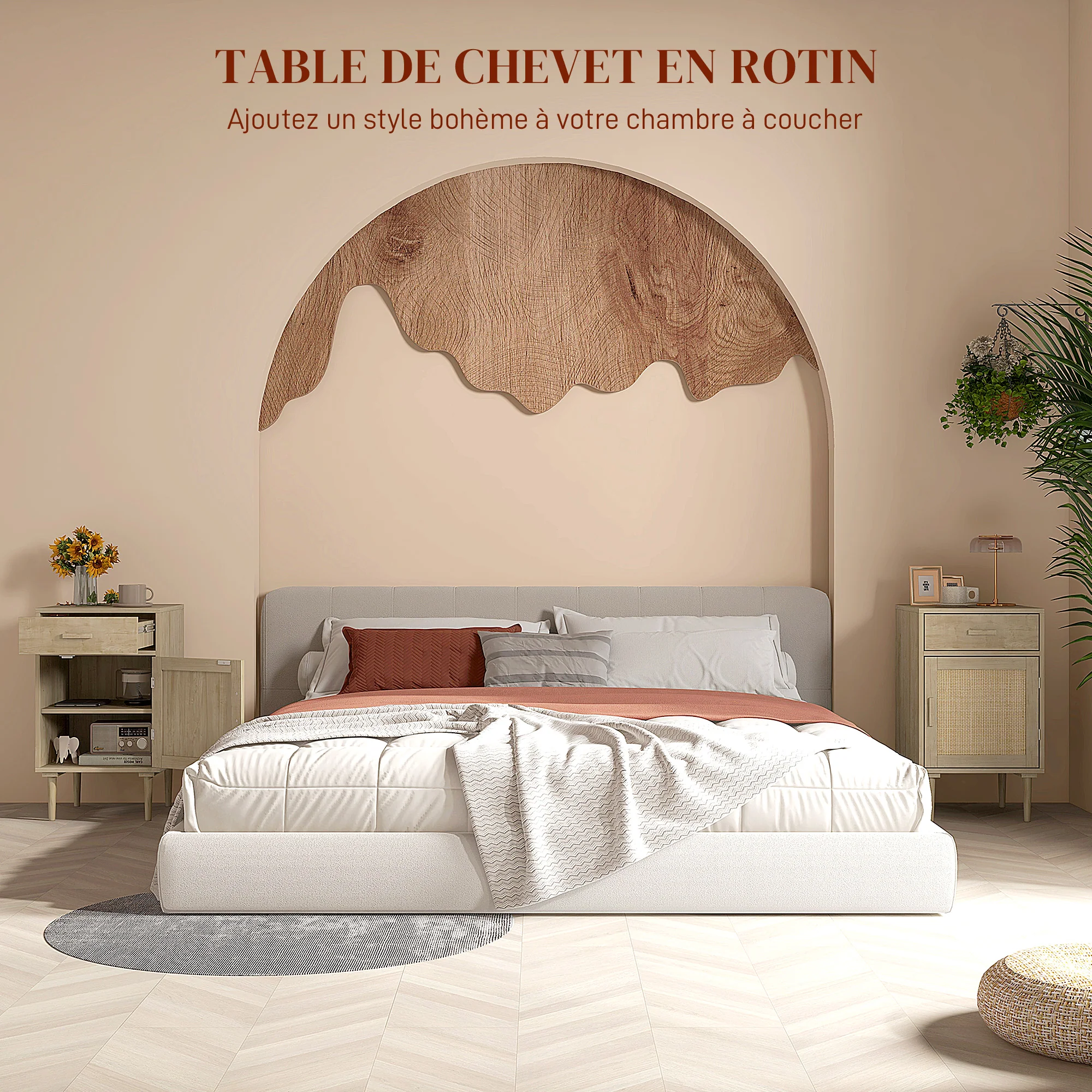 Table de chevet table d'appoint avec placard et étagère porte rotin tissé + 1 tiroir design bohème - 40 x 40 x 68,5 cm naturel - Image 5