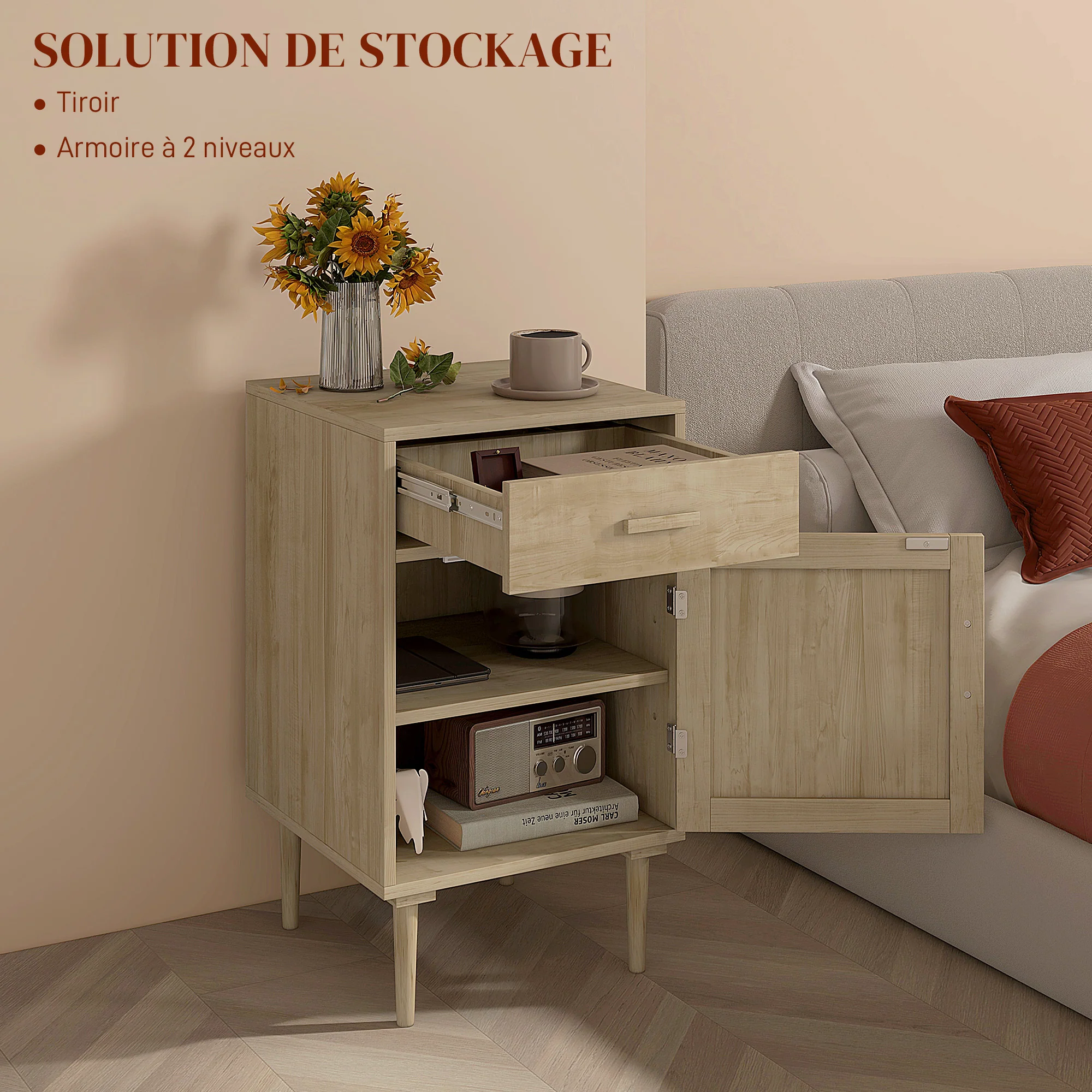 Table de chevet table d'appoint avec placard et étagère porte rotin tissé + 1 tiroir design bohème - 40 x 40 x 68,5 cm naturel - Image 6
