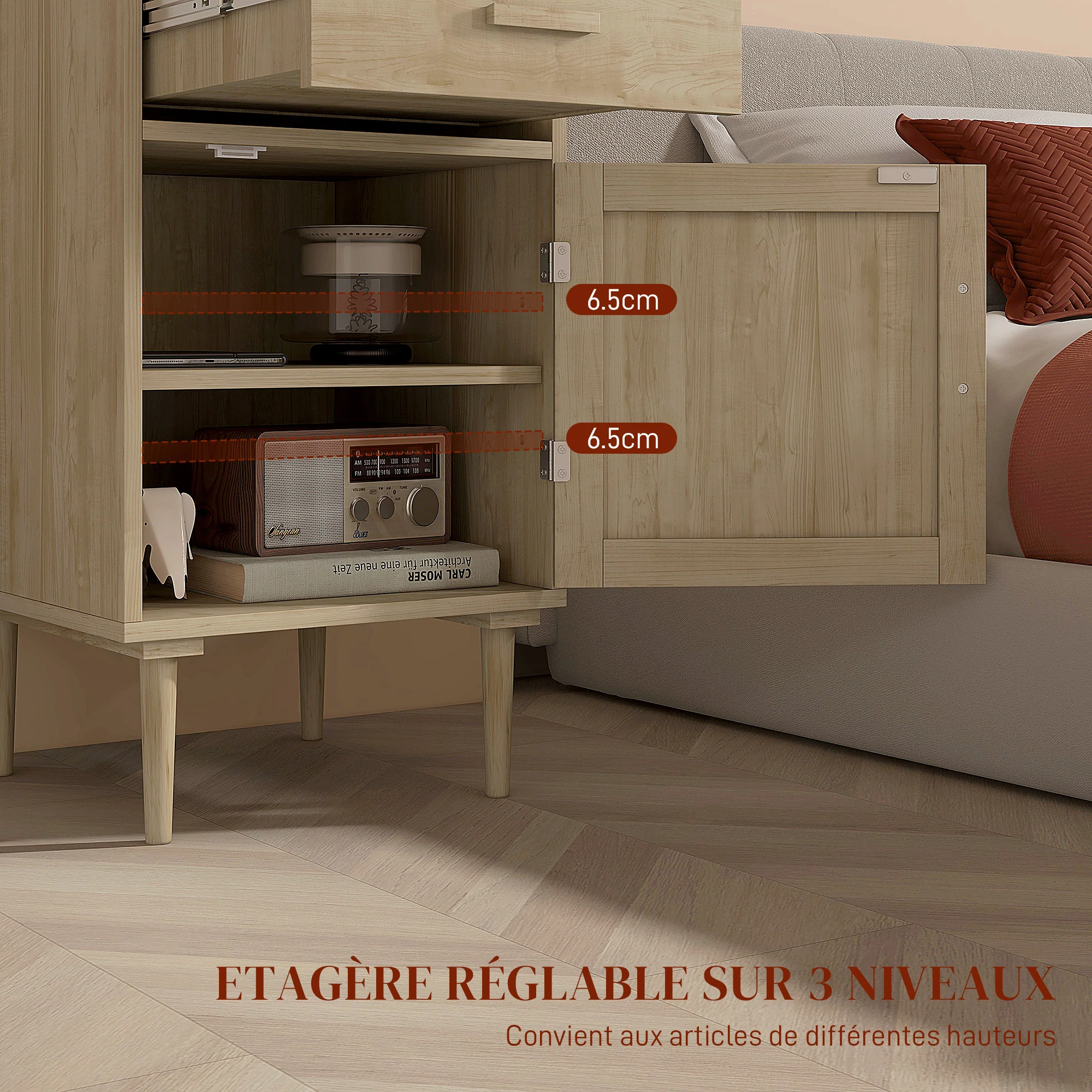 Table de chevet table d'appoint avec placard et étagère porte rotin tissé + 1 tiroir design bohème - 40 x 40 x 68,5 cm naturel - Image 7