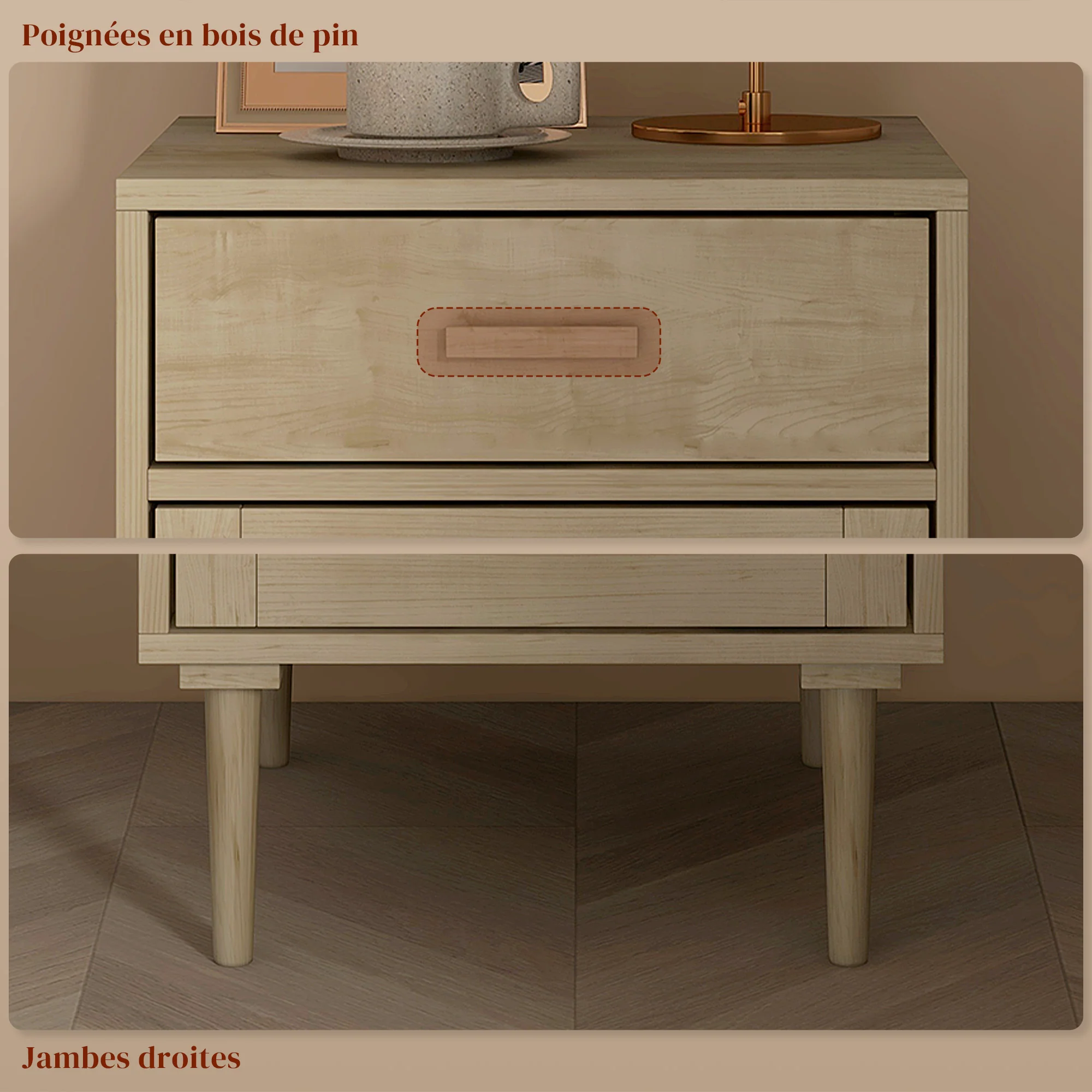 Table de chevet table d'appoint avec placard et étagère porte rotin tissé + 1 tiroir design bohème - 40 x 40 x 68,5 cm naturel - Image 8