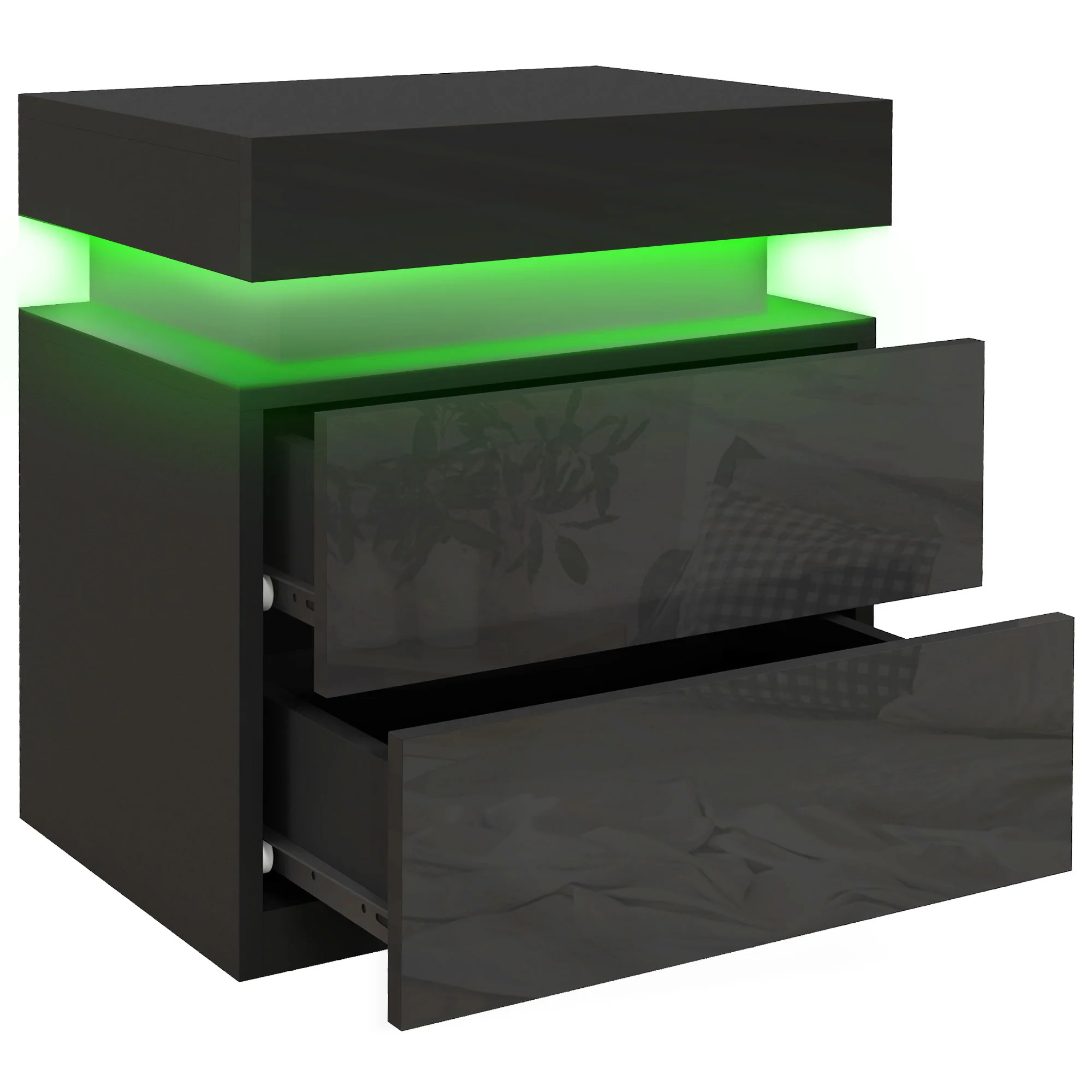 Table de chevet, table de nuit, avec lumière LED RVB, fa?ade du tiroir haute brillance, table d'appoint avec 2 tiroirs, pour salon, chambre à coucher, noir