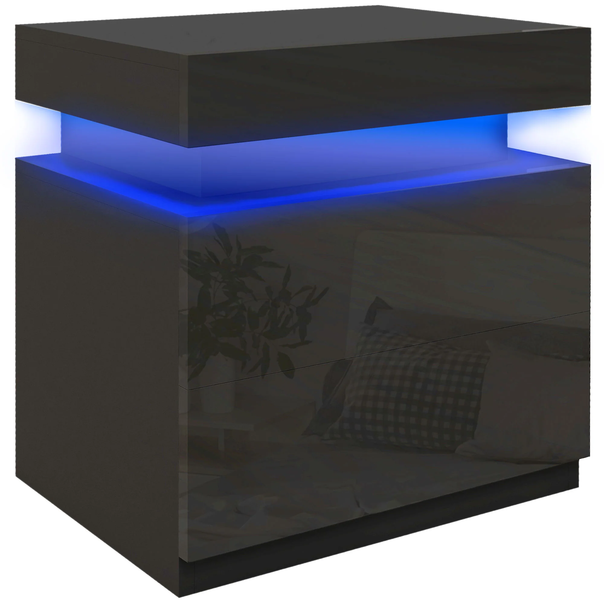 Table de chevet, table de nuit, avec lumière LED RVB, fa?ade du tiroir haute brillance, table d'appoint avec 2 tiroirs, pour salon, chambre à coucher, noir - Image 11