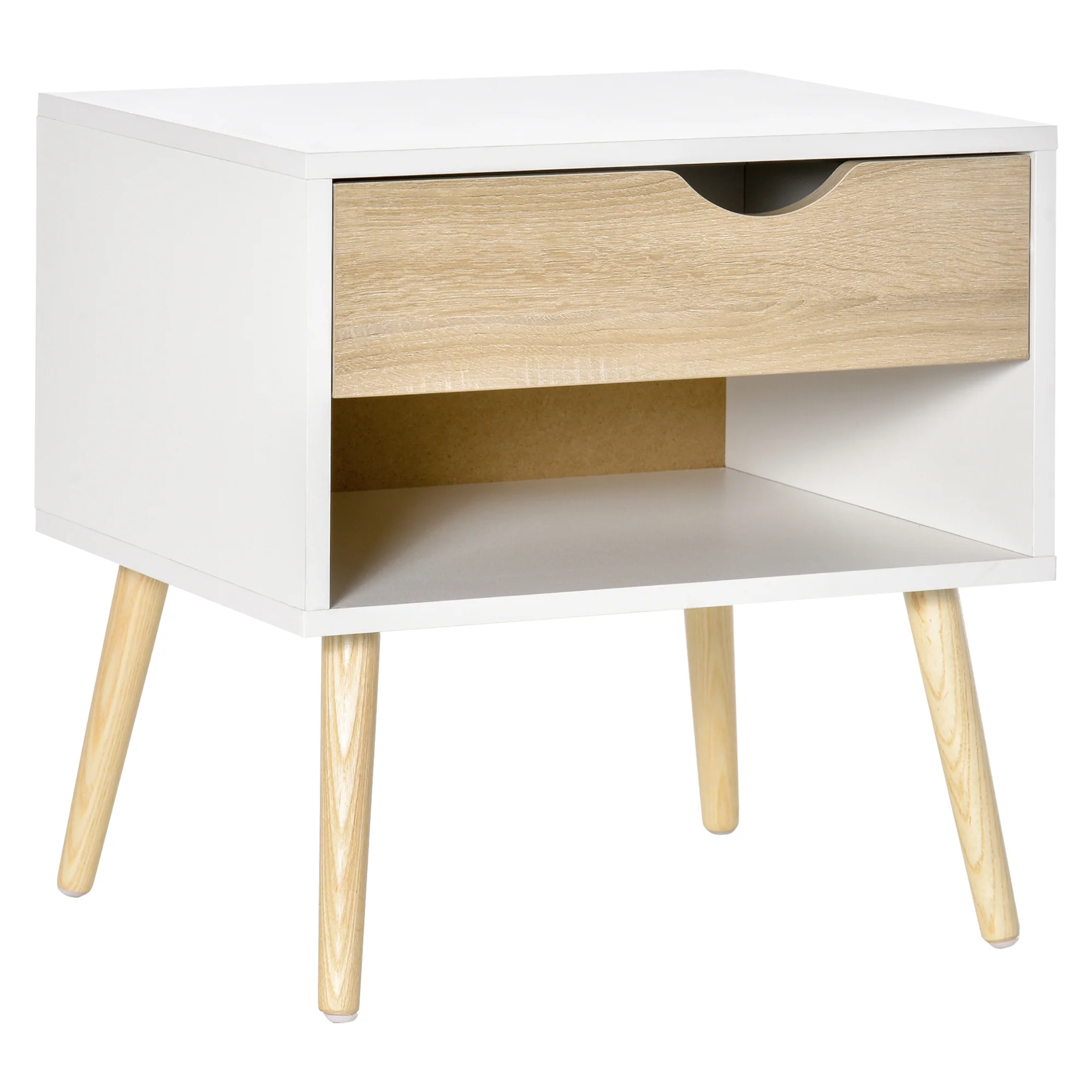 Table de chevet, table de nuit, avec tiroir, design moderne, pieds en bois massif, 50 x 39 x 51 cm, blanc et bois naturel - Image 11