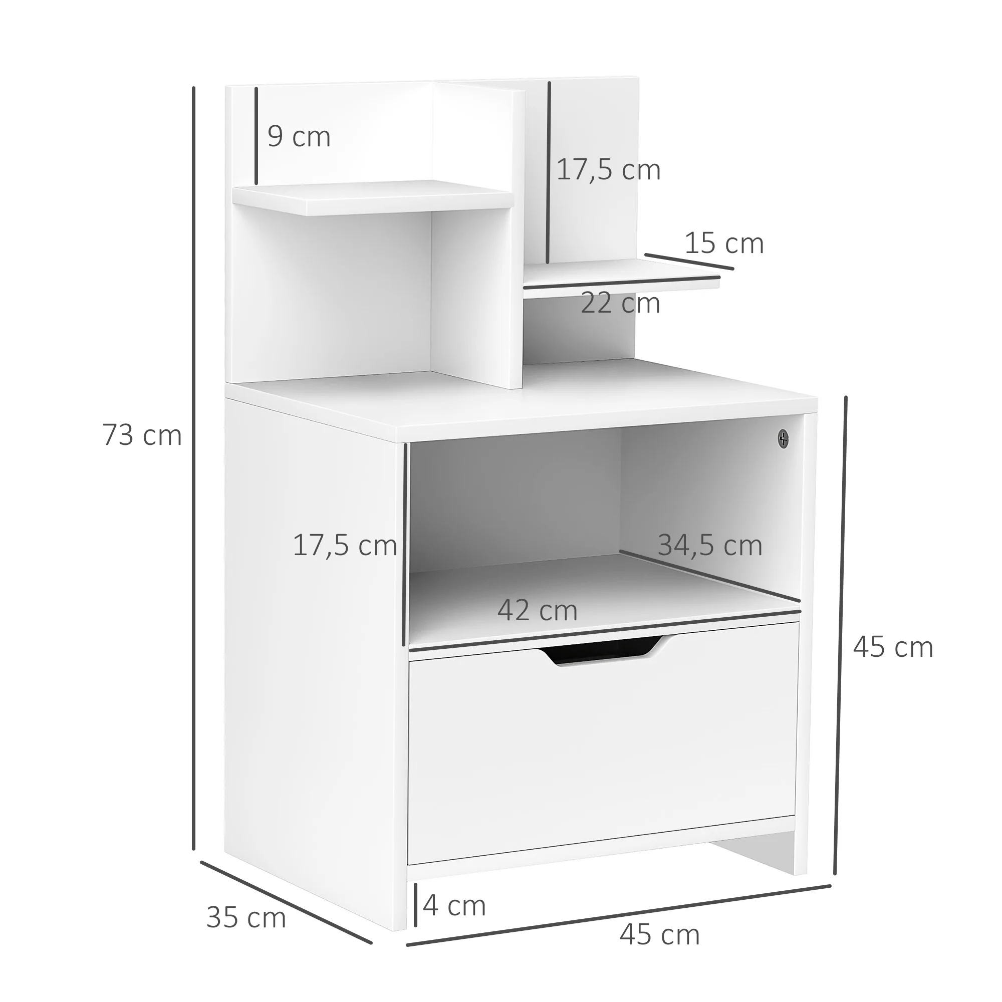 Table de chevet table de nuit avec tiroir, niche et étagères de rangement effet bois - 45 x 35 x 73 cm blanc - Image 4