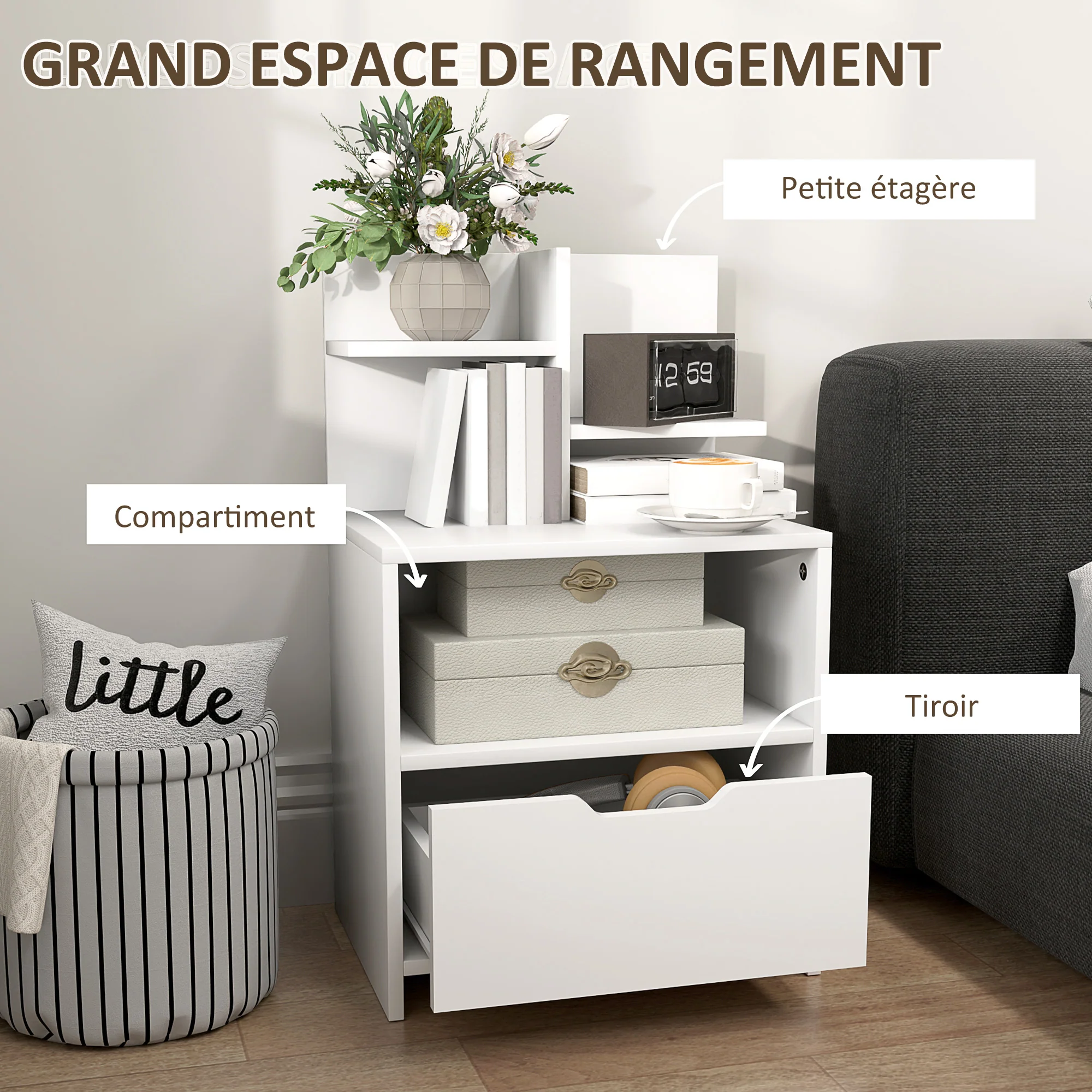 Table de chevet table de nuit avec tiroir, niche et étagères de rangement effet bois - 45 x 35 x 73 cm blanc - Image 6